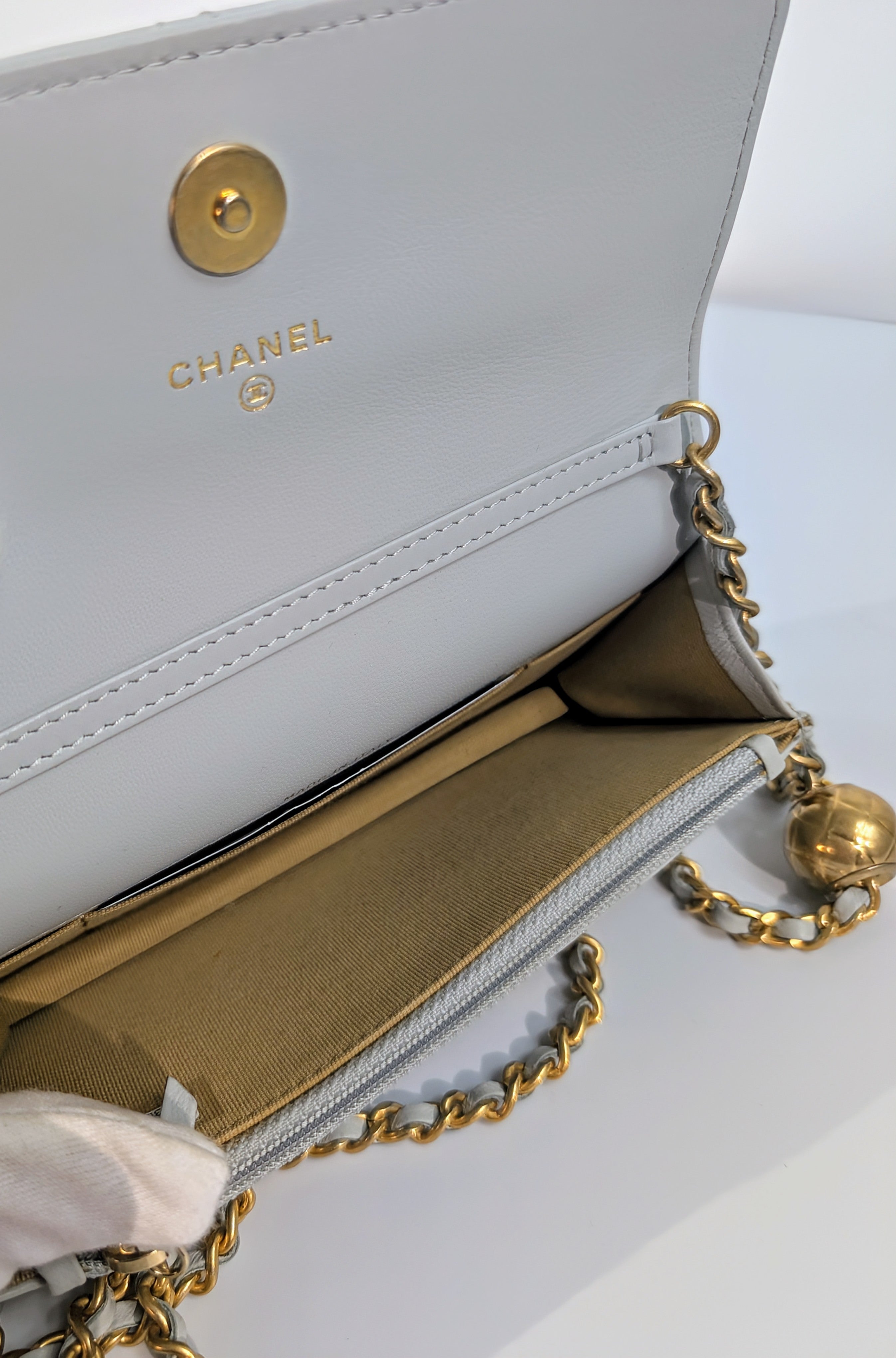 Chanel Light Blue Grey Wallet on Chain (WOC) with Gold Charm