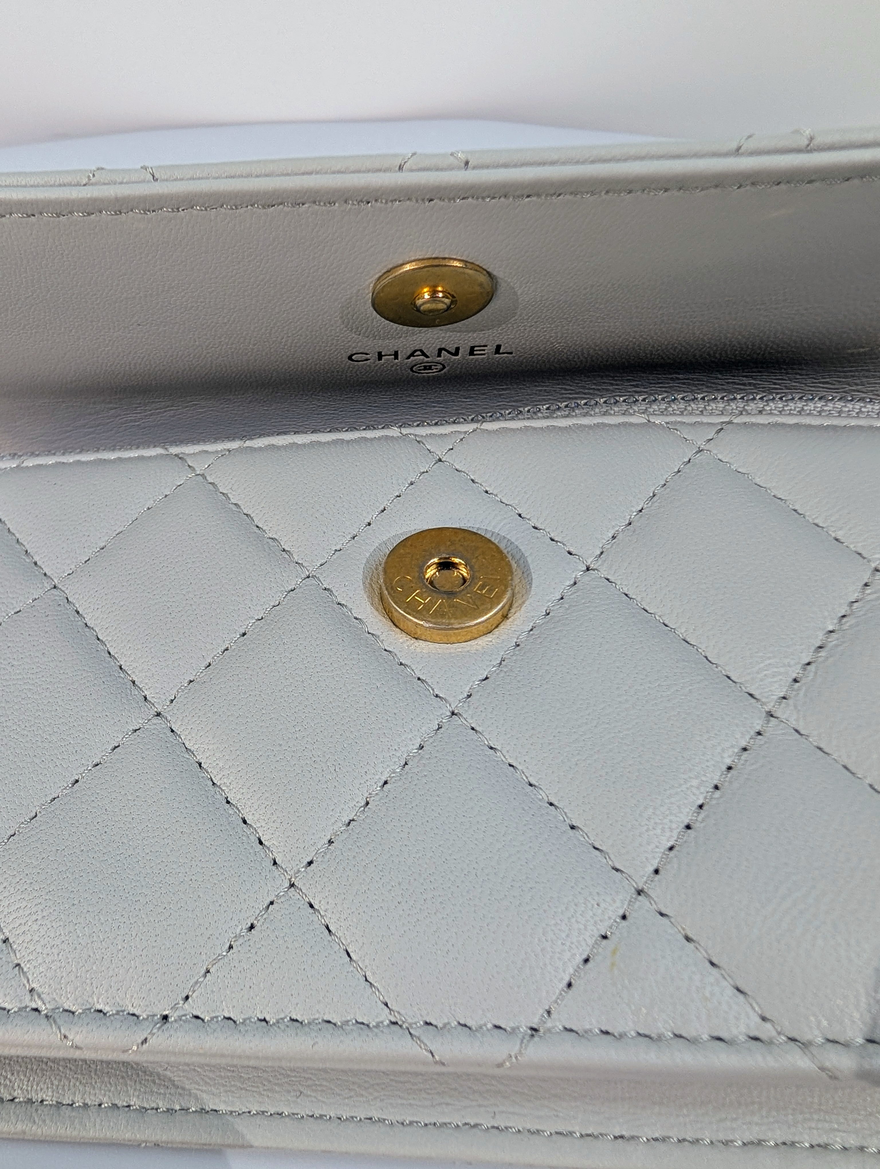 Chanel Light Blue Grey Wallet on Chain (WOC) with Gold Charm