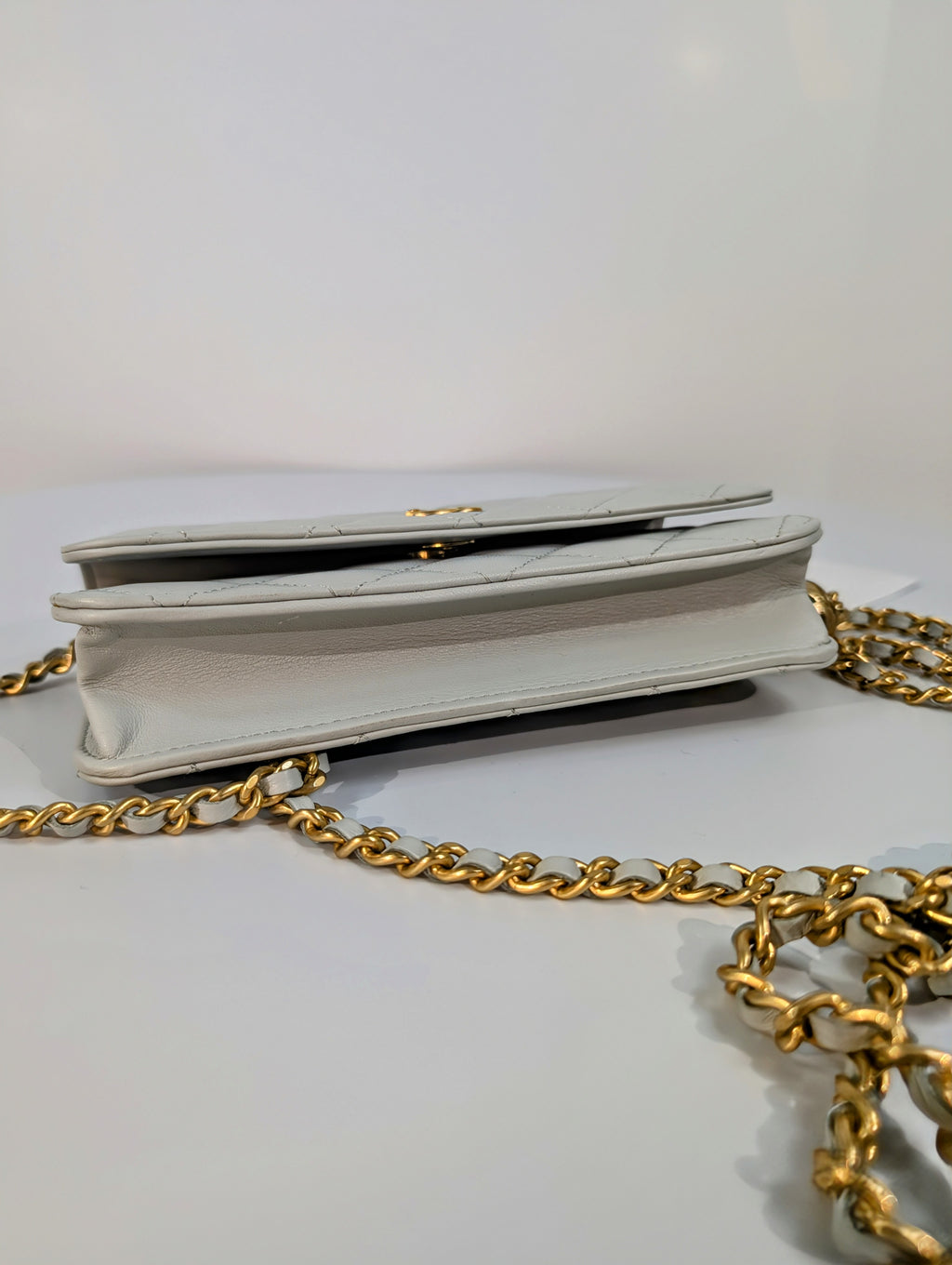 Chanel Light Blue Grey Wallet on Chain (WOC) with Gold Charm