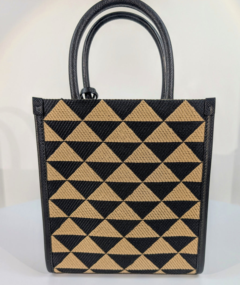 Prada Small Woven Triangle Tote Bag in Black and Beige