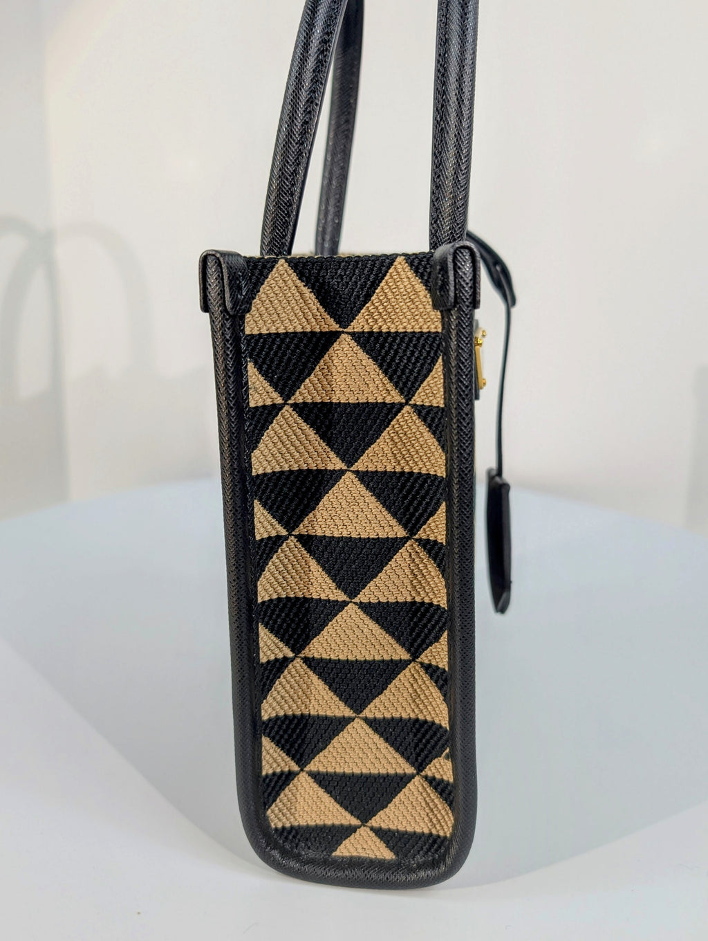 Prada Small Woven Triangle Tote Bag in Black and Beige