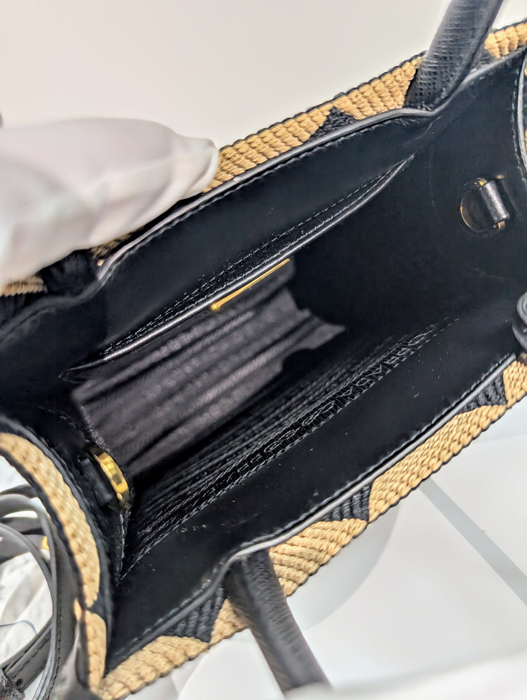 Prada Small Woven Triangle Tote Bag in Black and Beige