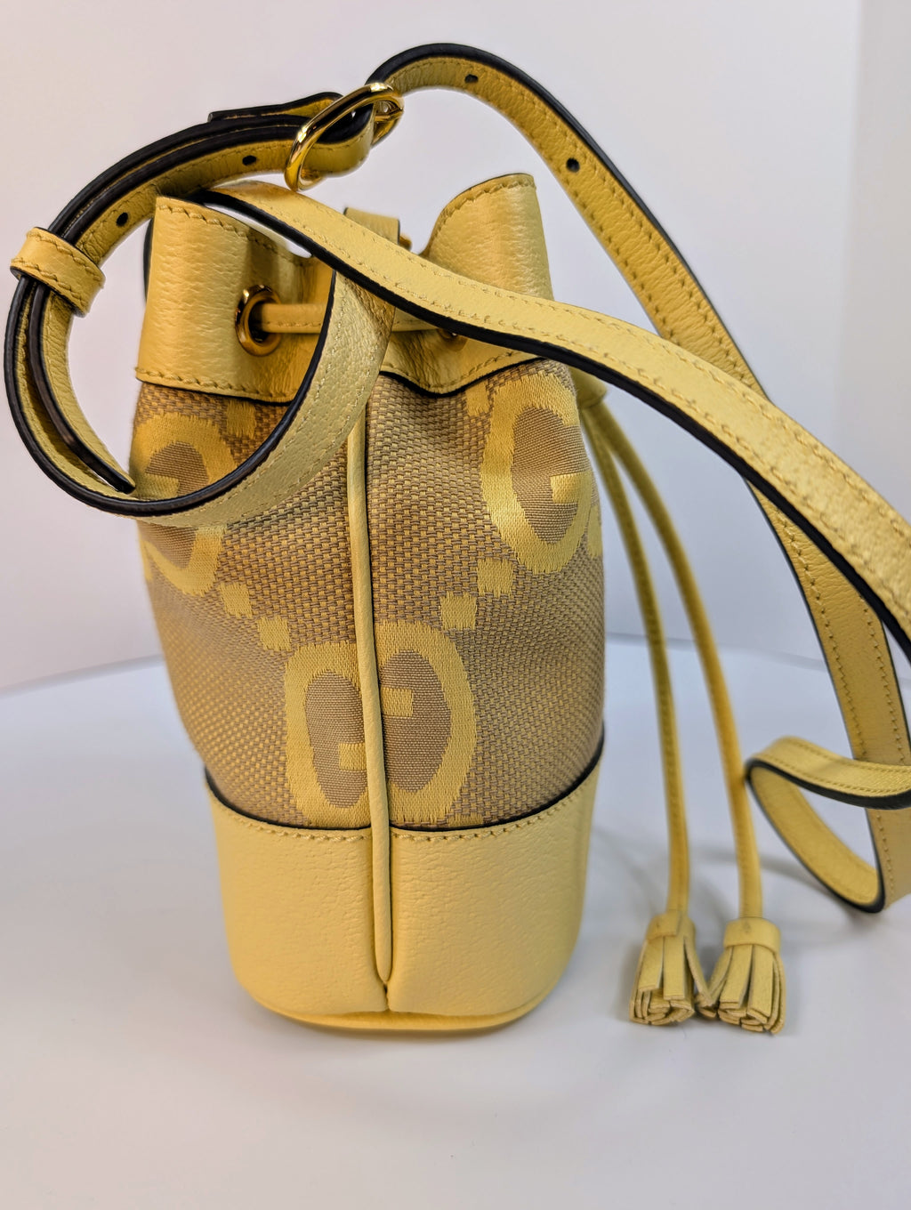 Gucci Yellow Mini Jumbo GG Bucket Bag and Lilac Wallet