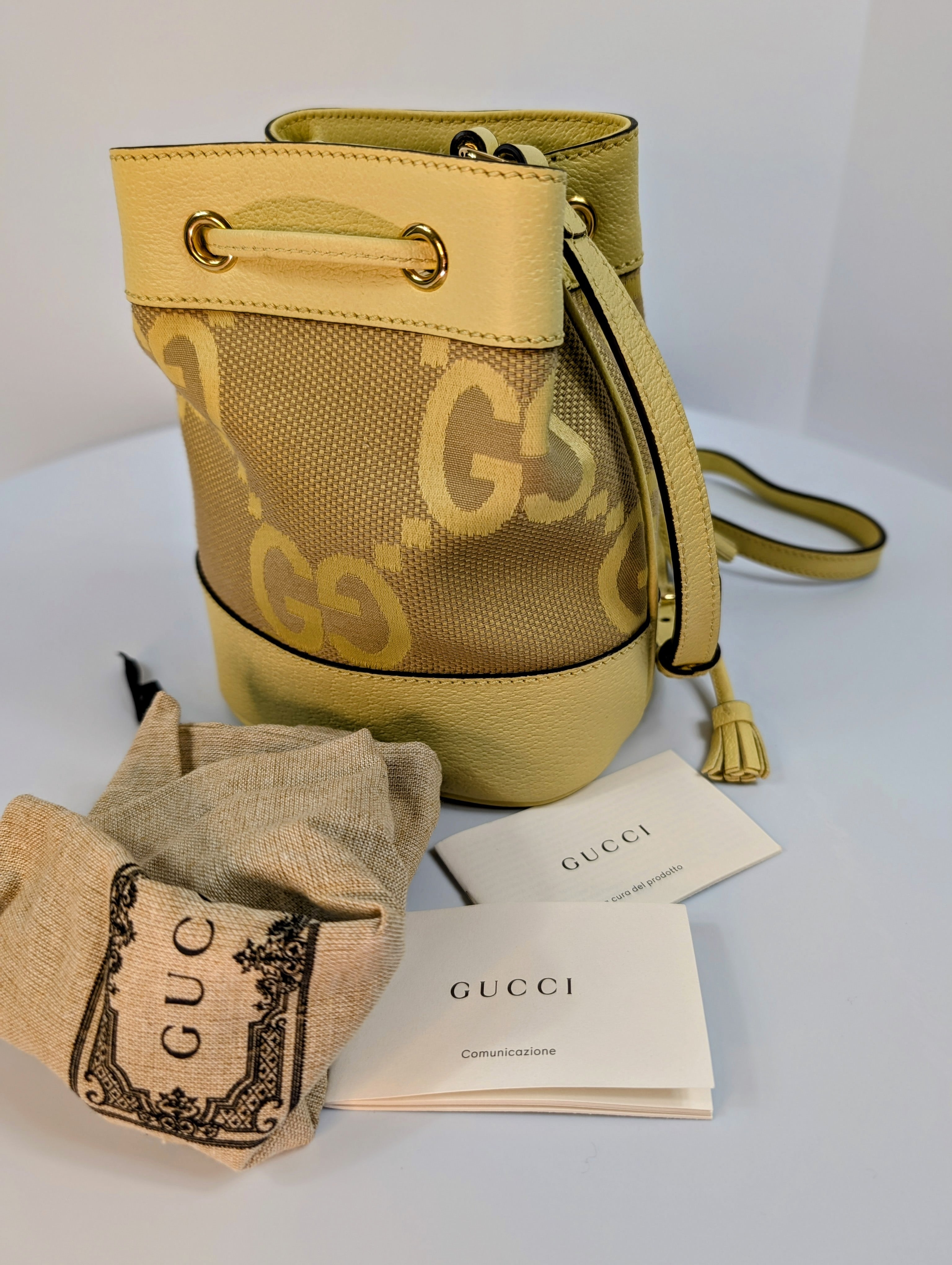 Gucci Yellow Mini Jumbo GG Bucket Bag and Lilac Wallet