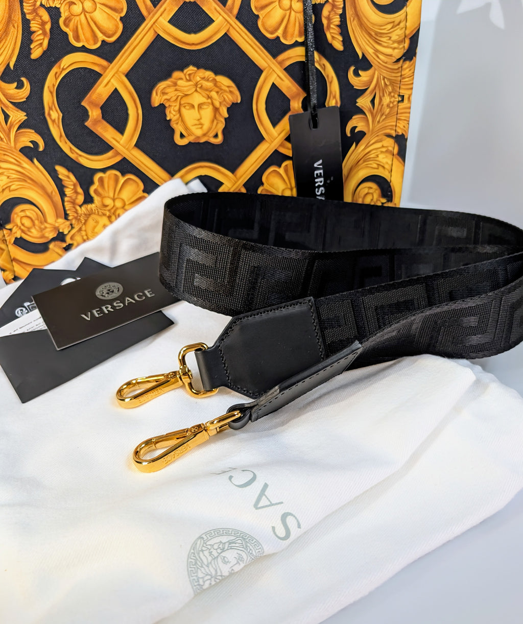 Versace Medusa Black Gold Canvas Small Tote Greca Shoulder Strap Bag