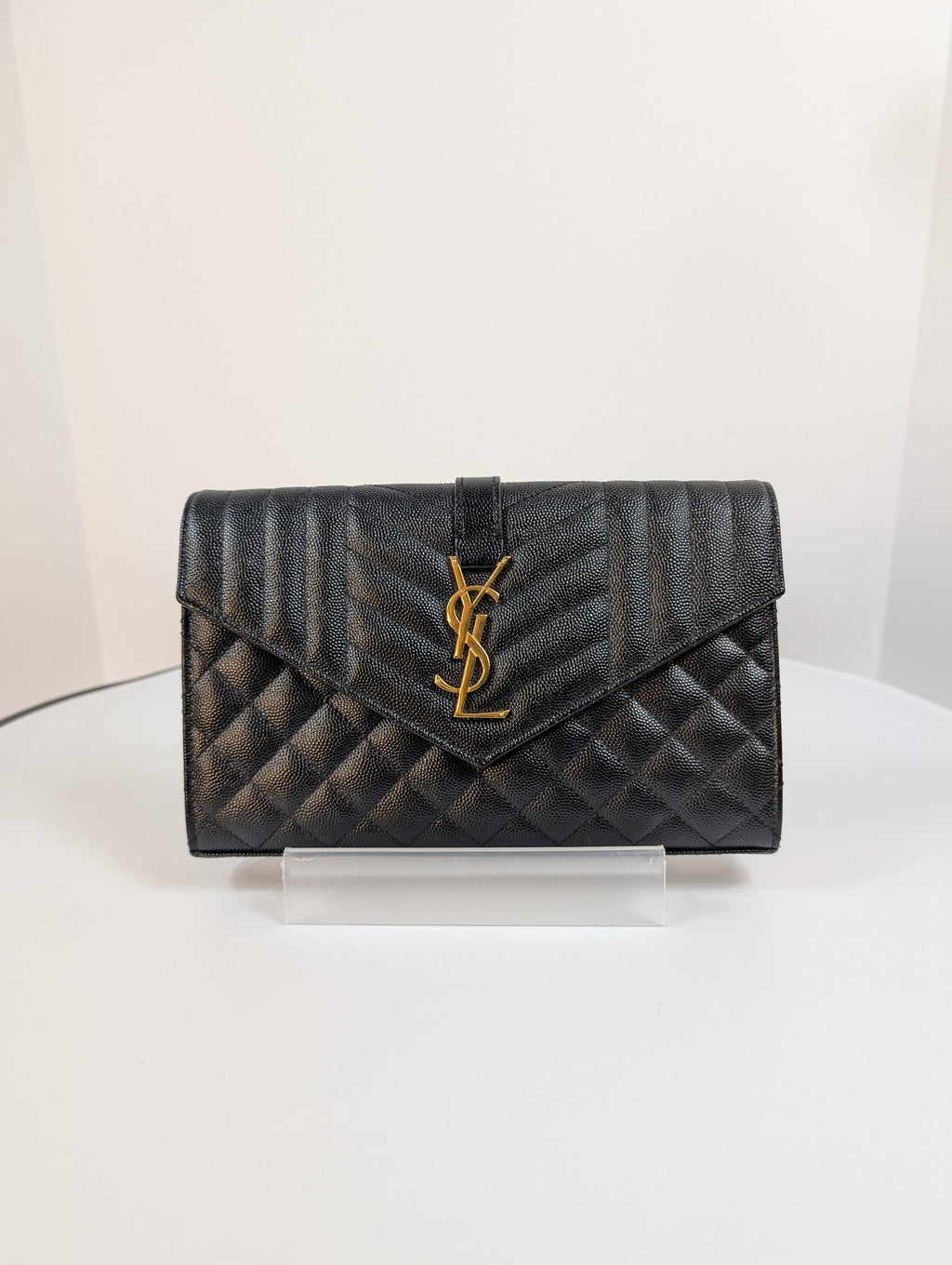 Saint Laurent (YSL) Black Grain de Poudre Embossed Leather Cassandre Envelope Bag