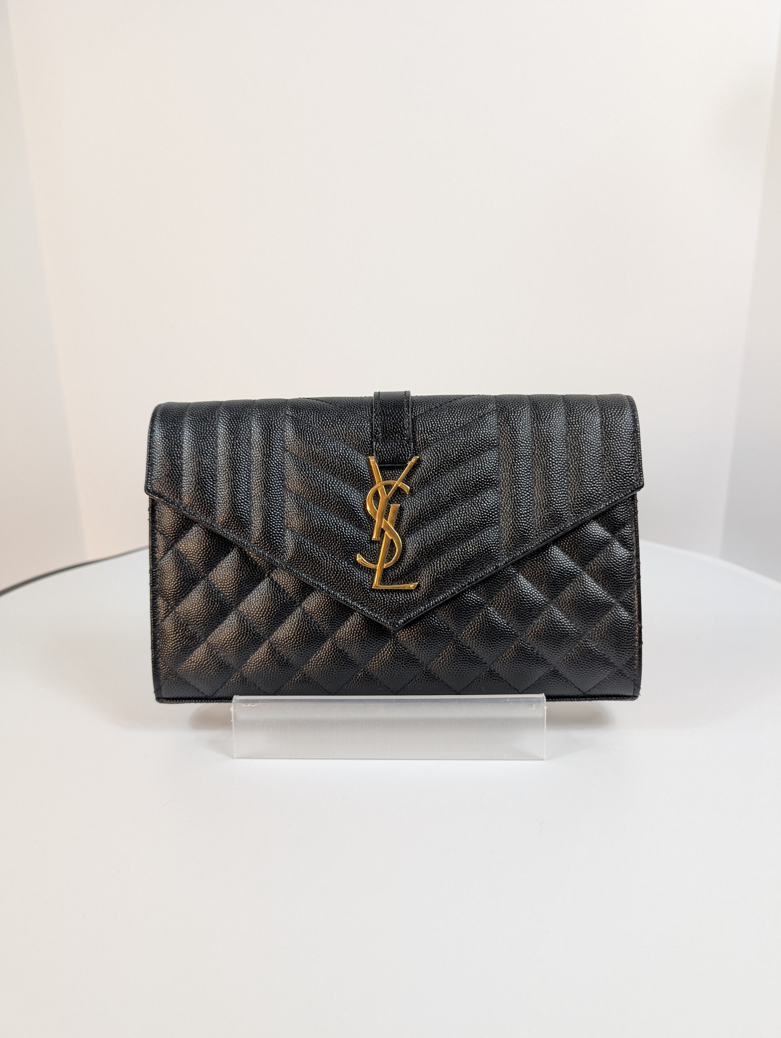 Saint Laurent (YSL) Black Grain de Poudre Embossed Leather Cassandre Envelope Bag