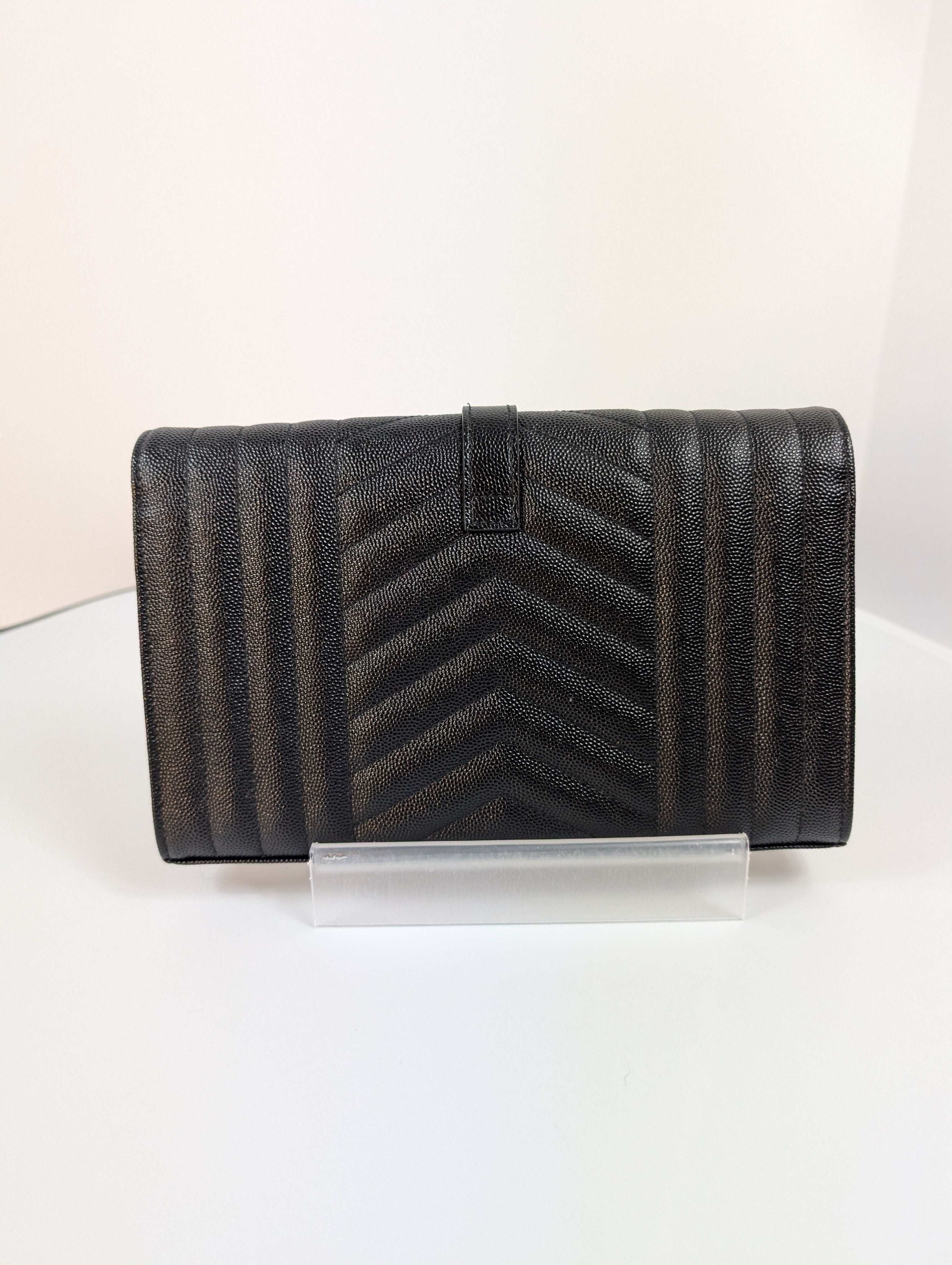 Saint Laurent (YSL) Black Grain de Poudre Embossed Leather Cassandre Envelope Bag