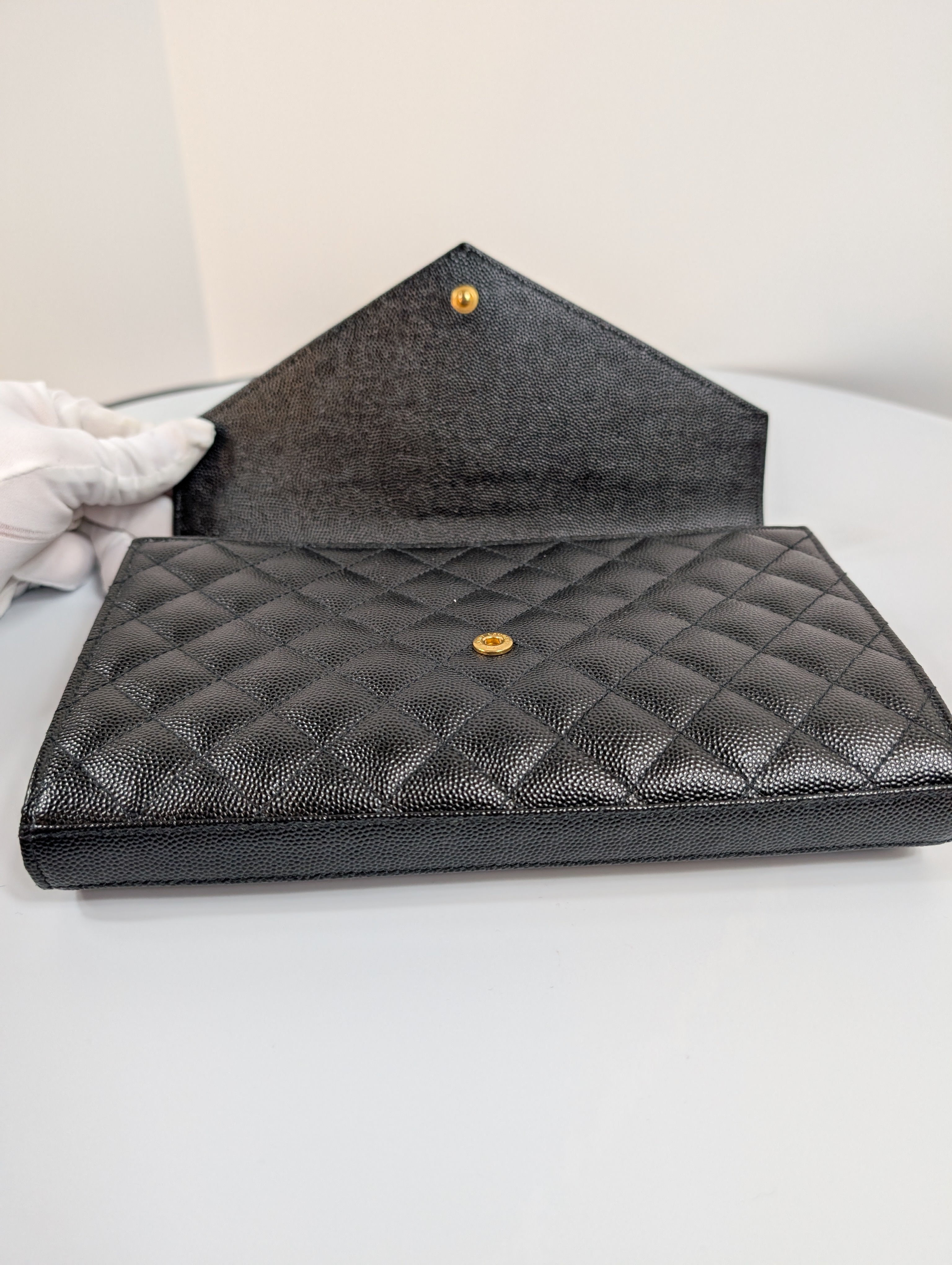 Saint Laurent (YSL) Black Grain de Poudre Embossed Leather Cassandre Envelope Bag