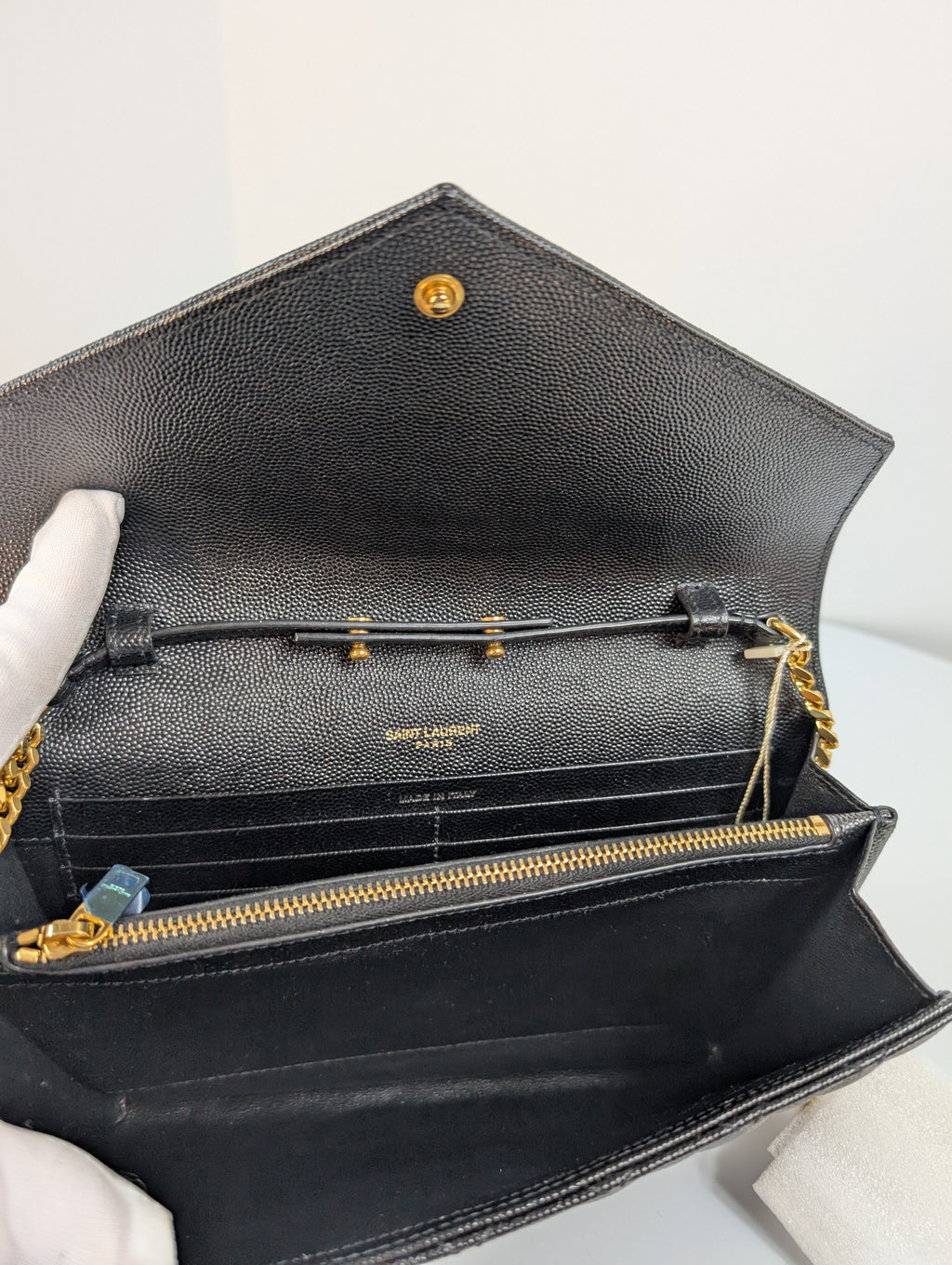 Saint Laurent (YSL) Black Grain de Poudre Embossed Leather Cassandre Envelope Bag