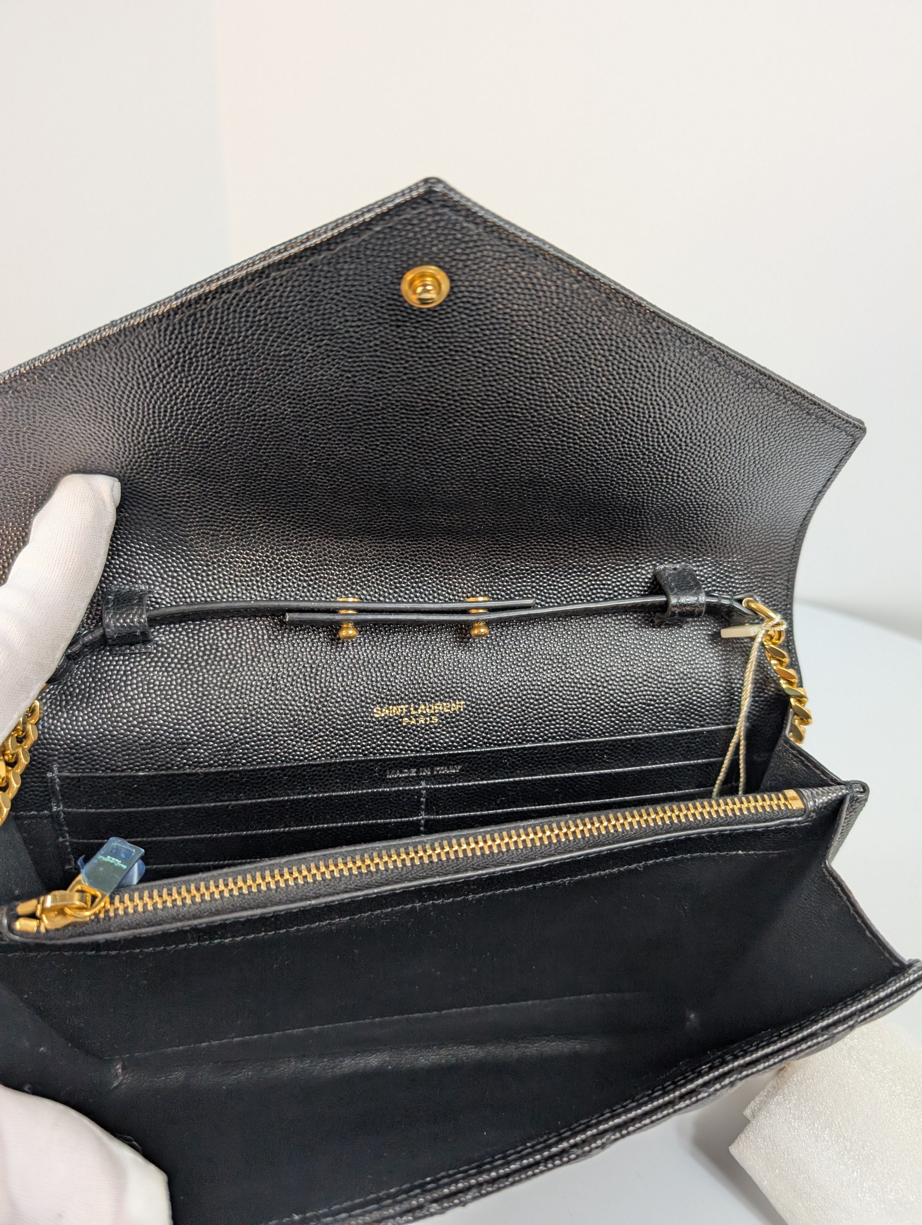 Saint Laurent (YSL) Black Grain de Poudre Embossed Leather Cassandre Envelope Bag