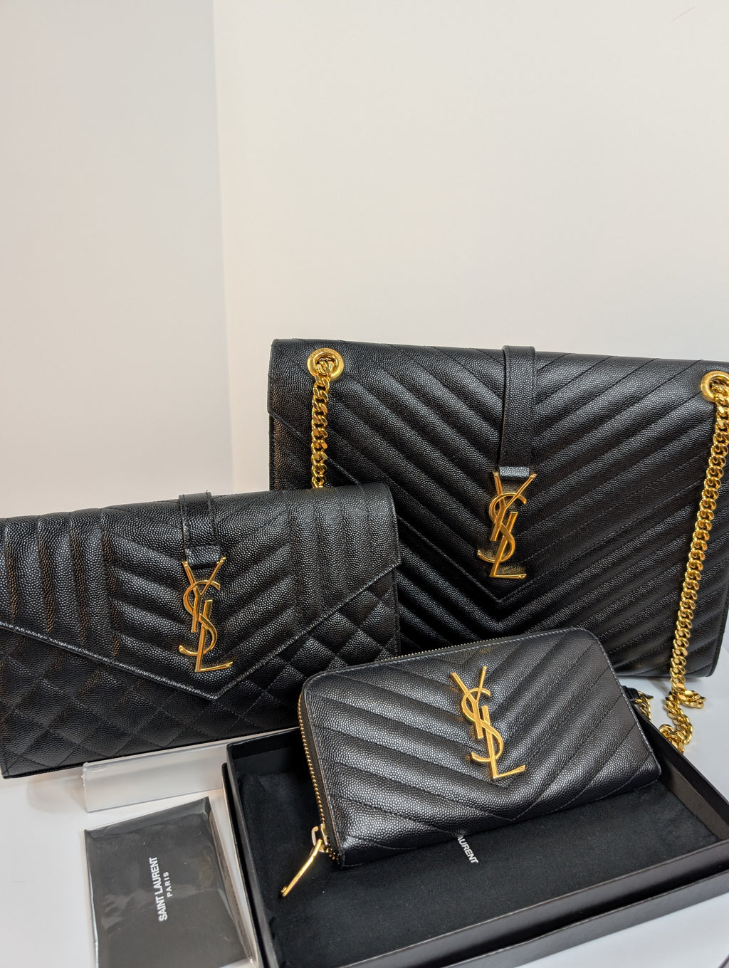 Saint Laurent (YSL) Black Grain de Poudre Embossed Leather Cassandre Envelope Bag