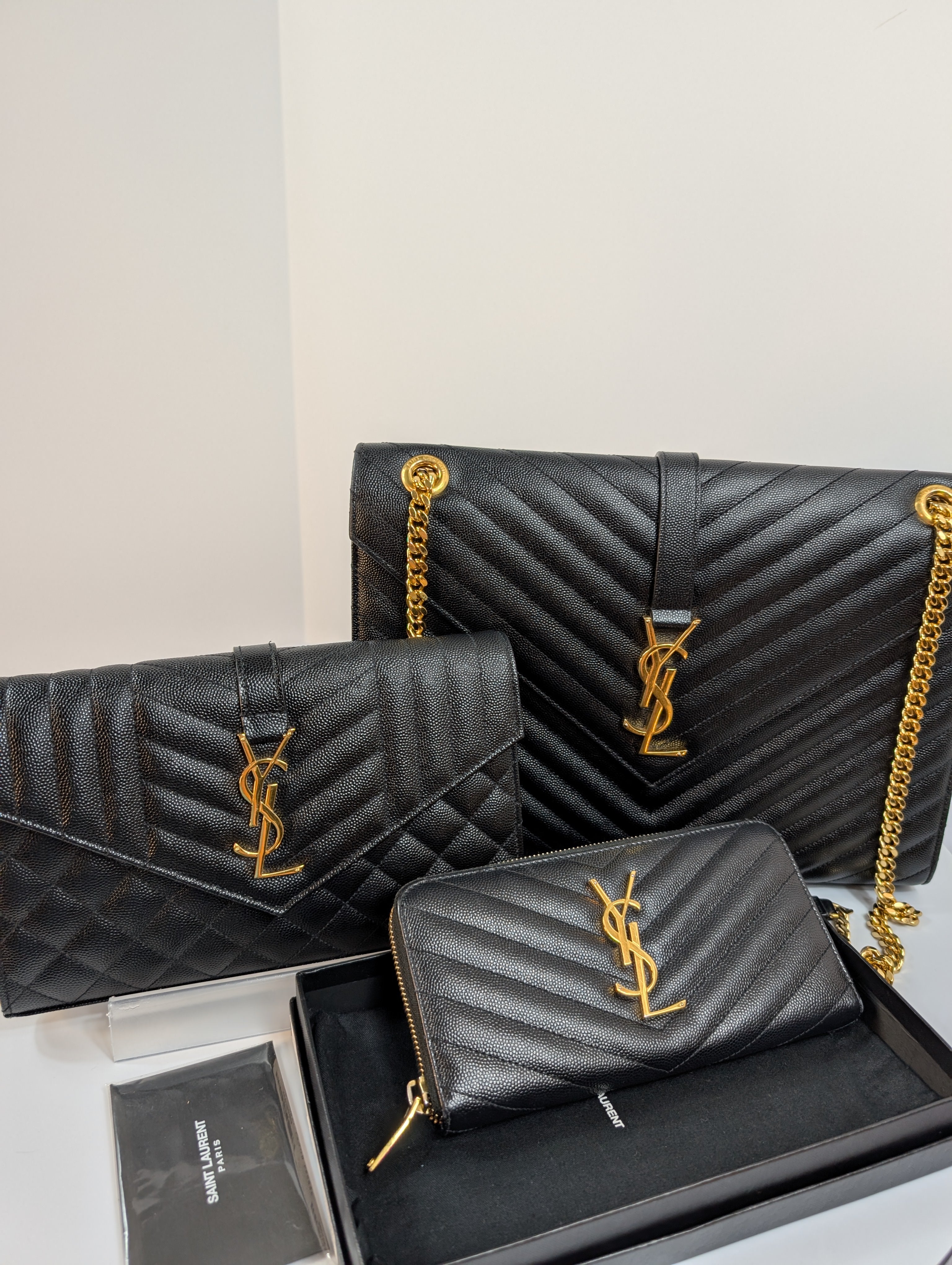 Saint Laurent (YSL) Black Grain de Poudre Embossed Leather Cassandre Envelope Bag