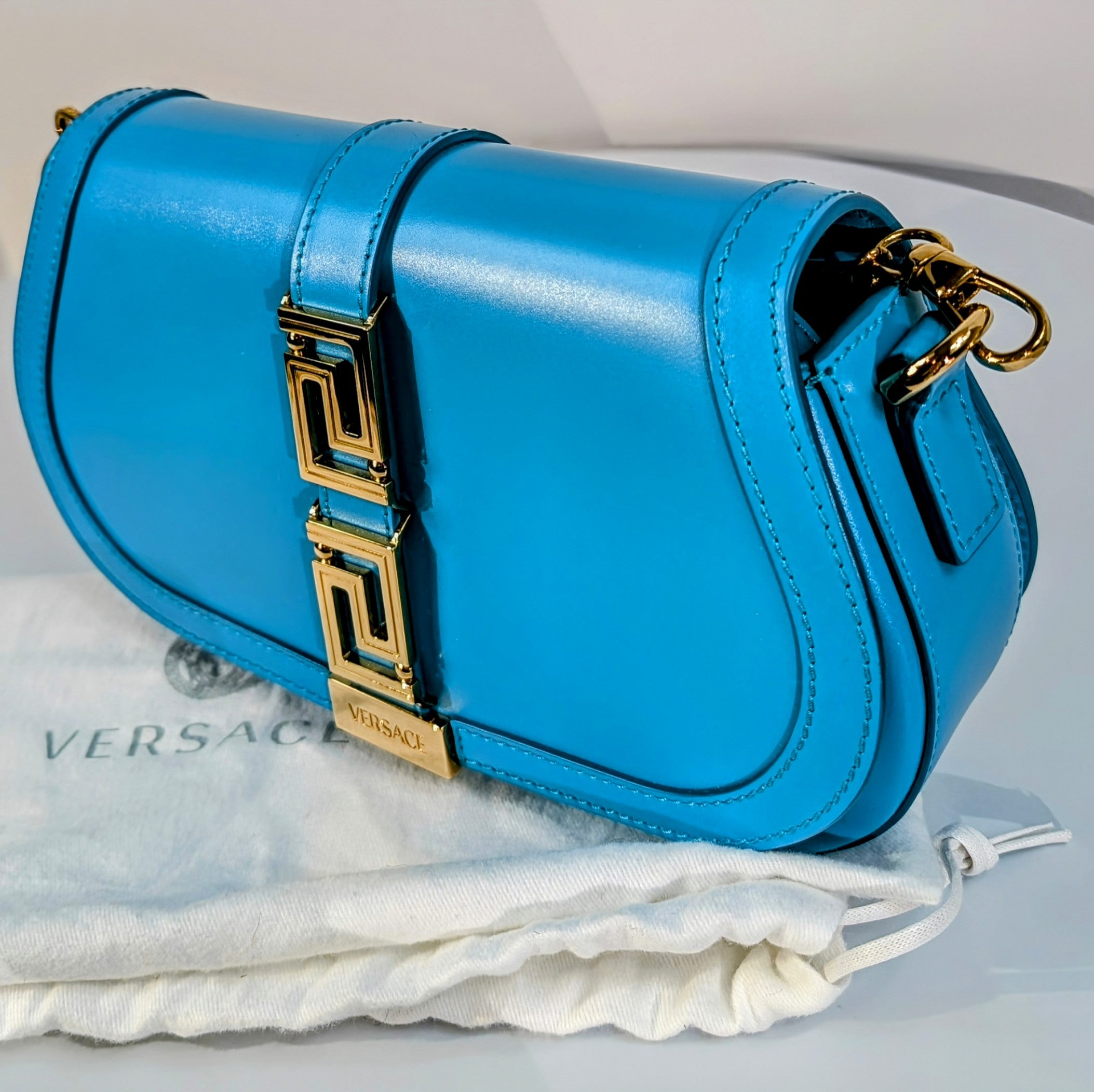 Versace Virtus Greca Goddess Shoulder Bag in Versace Blue