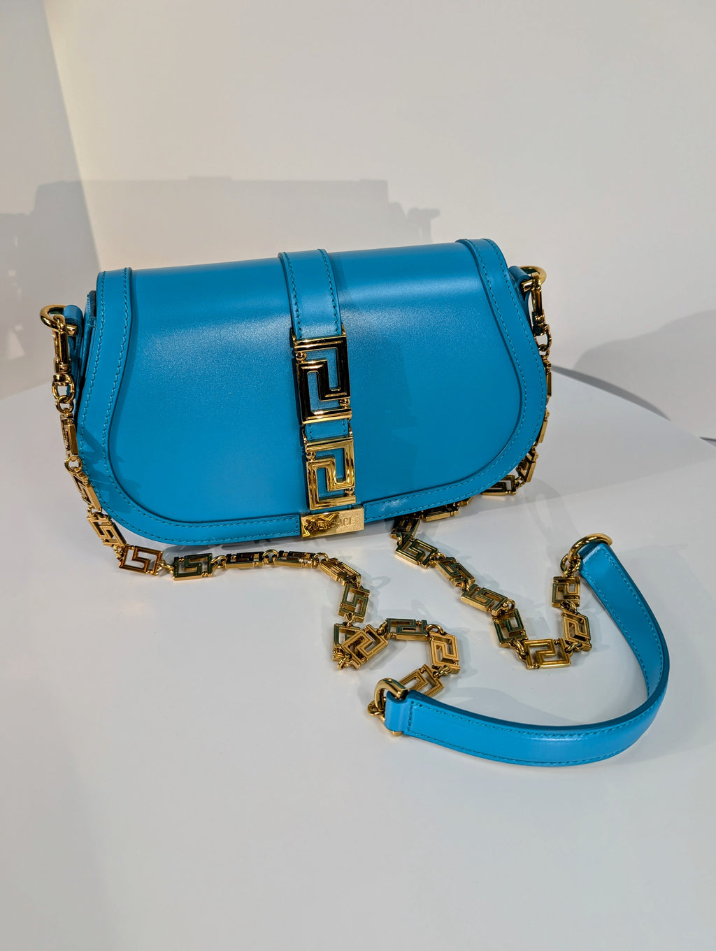 Versace Virtus Greca Goddess Shoulder Bag in Versace Blue