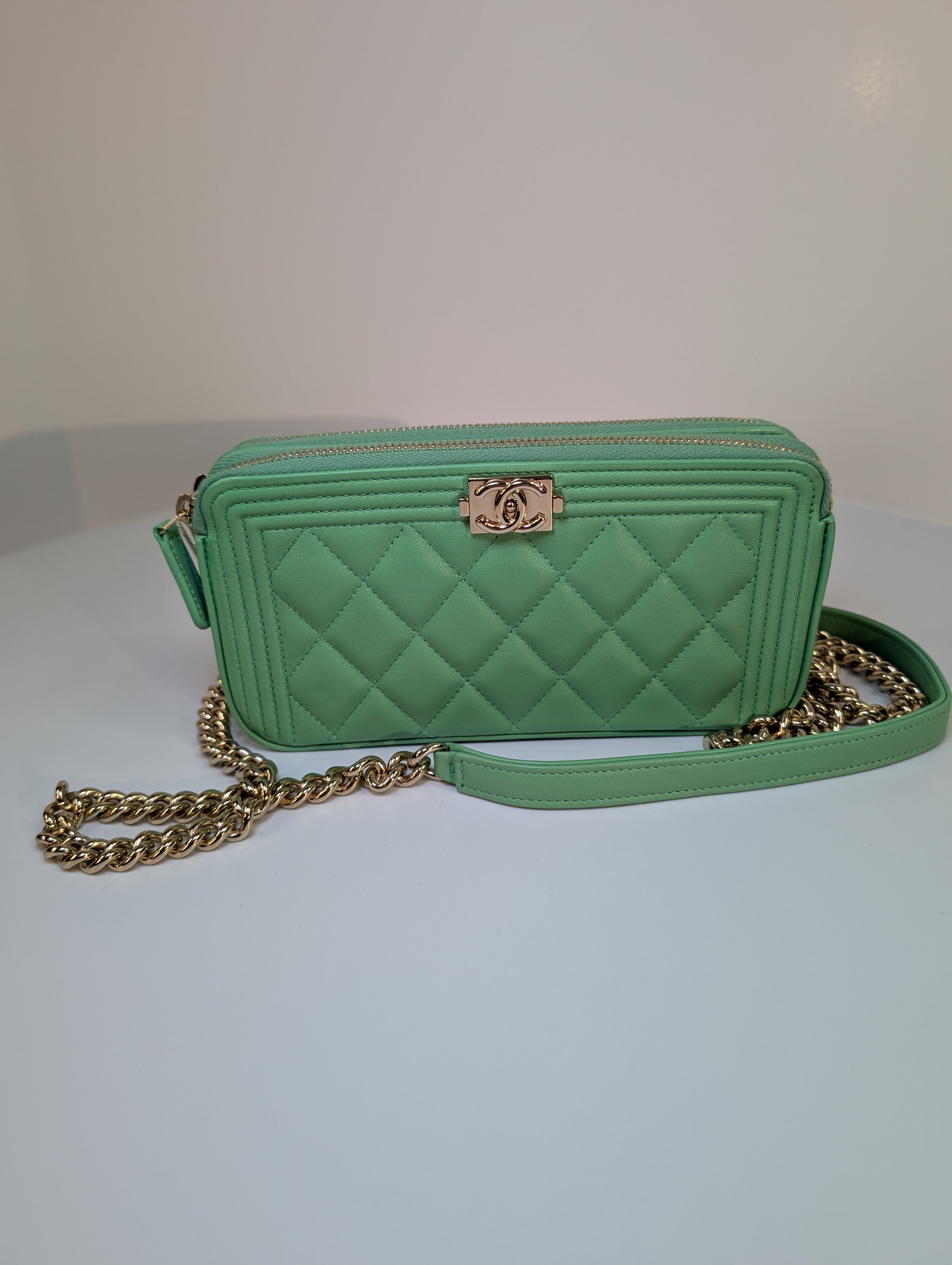 Chanel Green Boy Clutch with Double Zip Pouch
