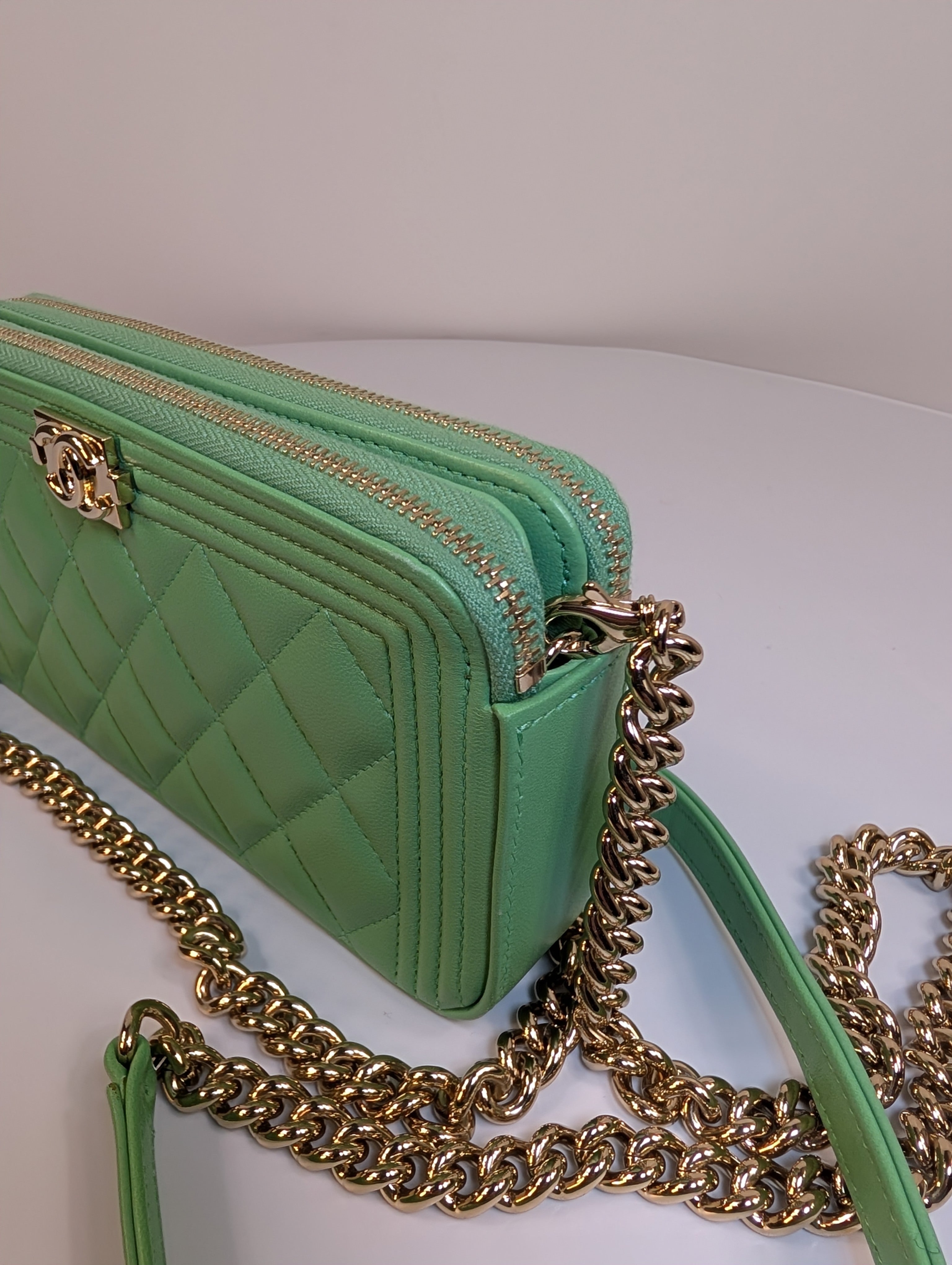 Chanel Green Boy Clutch with Double Zip Pouch