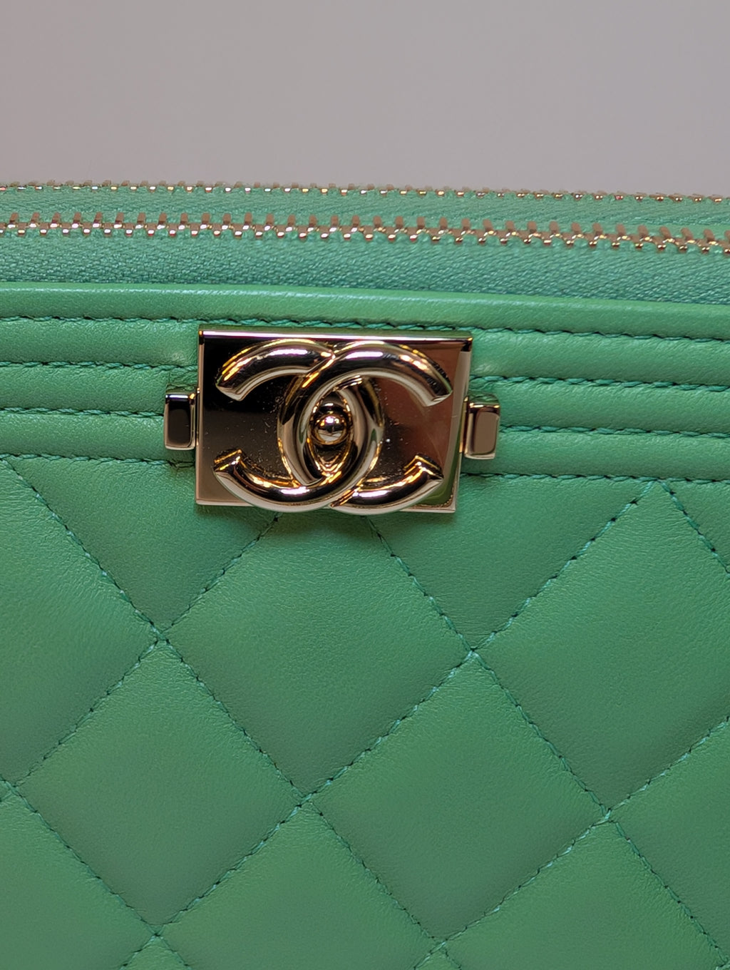 Chanel Green Boy Clutch with Double Zip Pouch