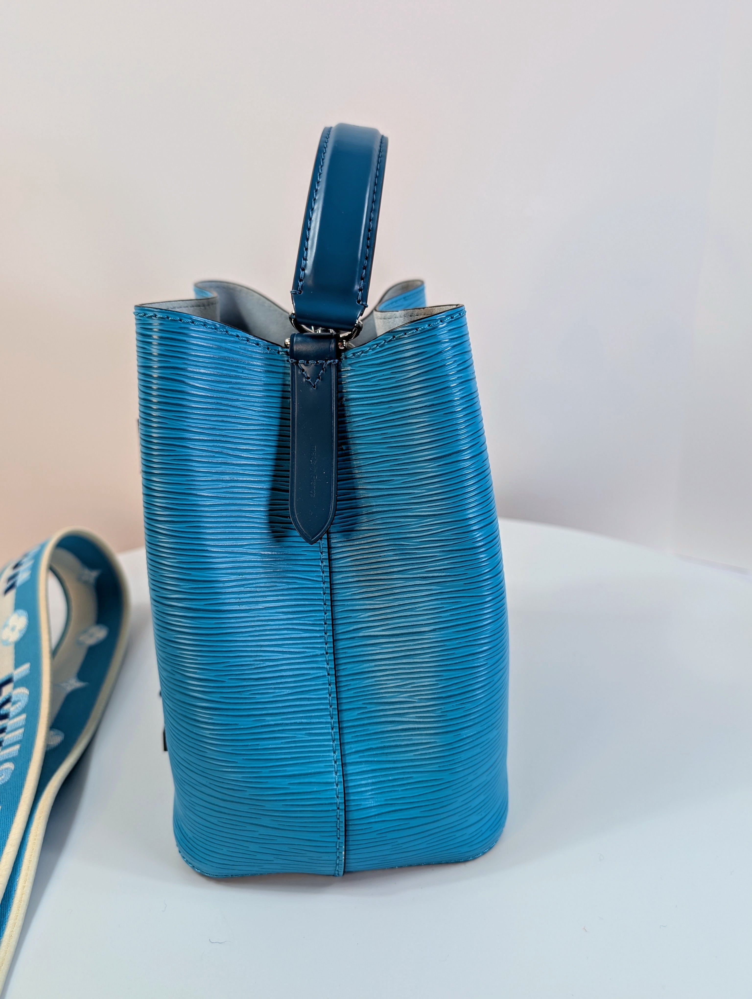Louis Vuitton Noé BB Bag in Aqua Epi Leather with LV Strap and Charm