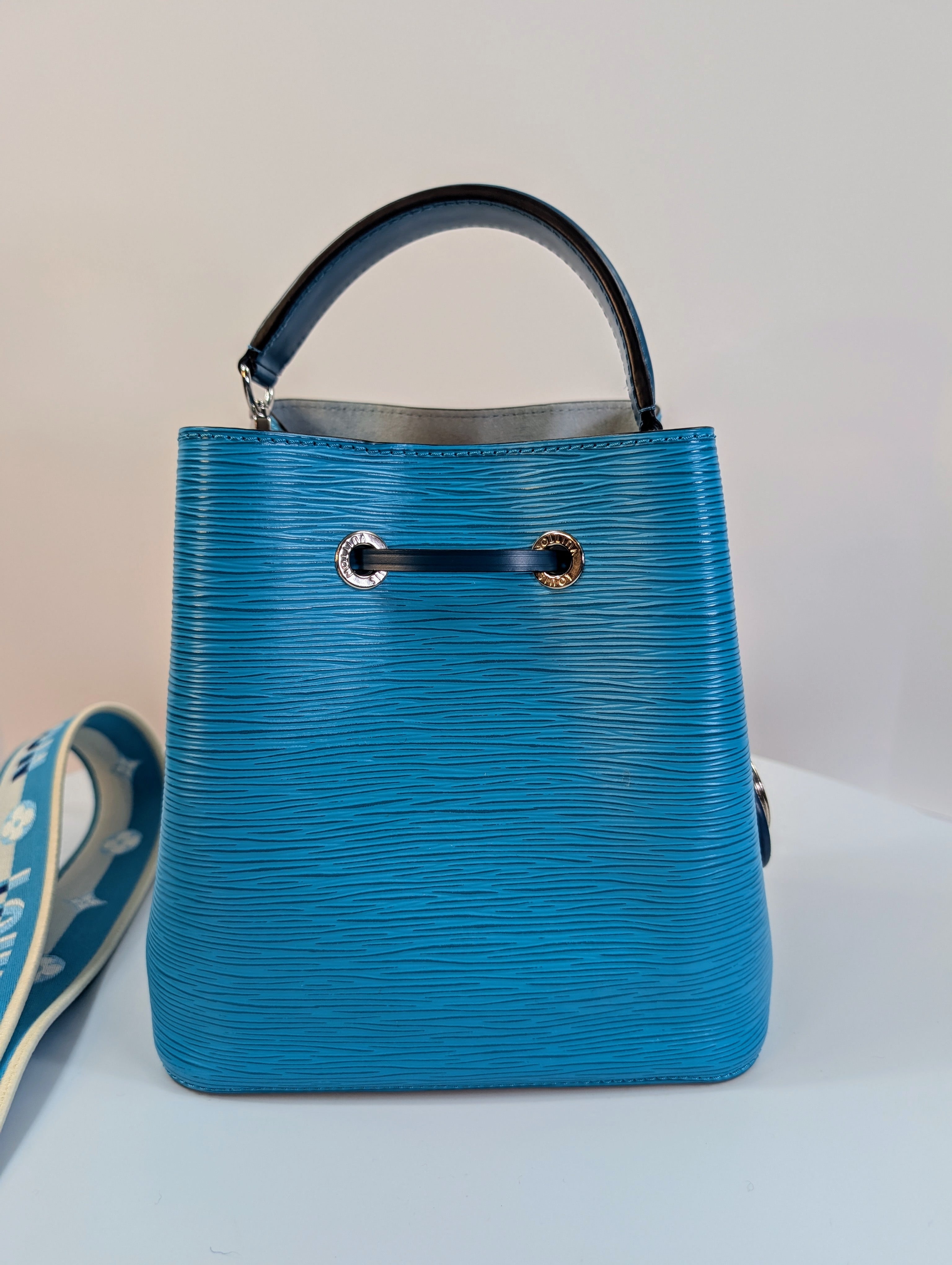 Louis Vuitton Noé BB Bag in Aqua Epi Leather with LV Strap and Charm