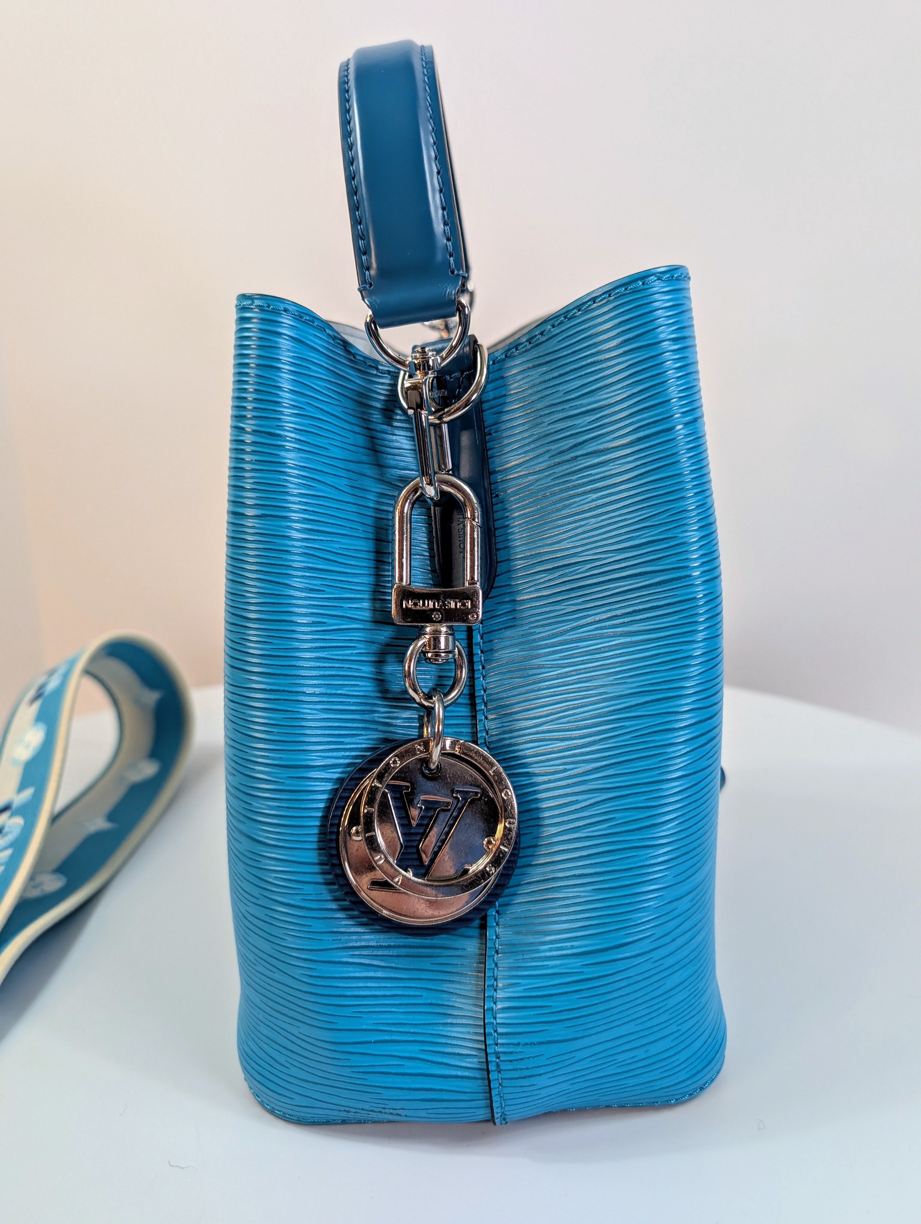Louis Vuitton Noé BB Bag in Aqua Epi Leather with LV Strap and Charm