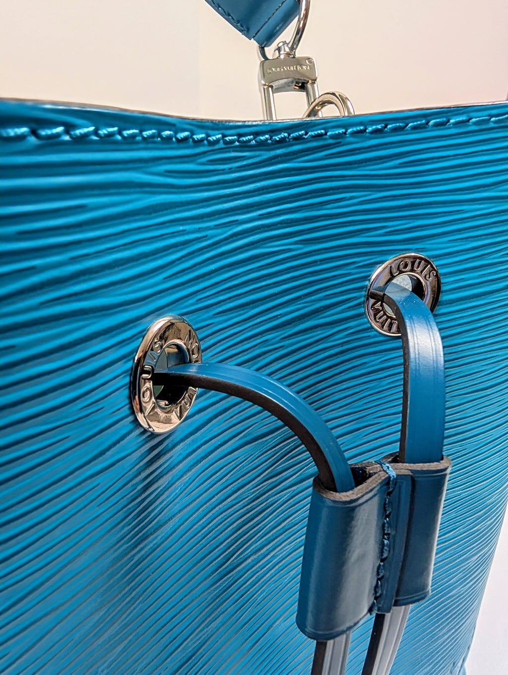 Louis Vuitton Noé BB Bag in Aqua Epi Leather with LV Strap and Charm