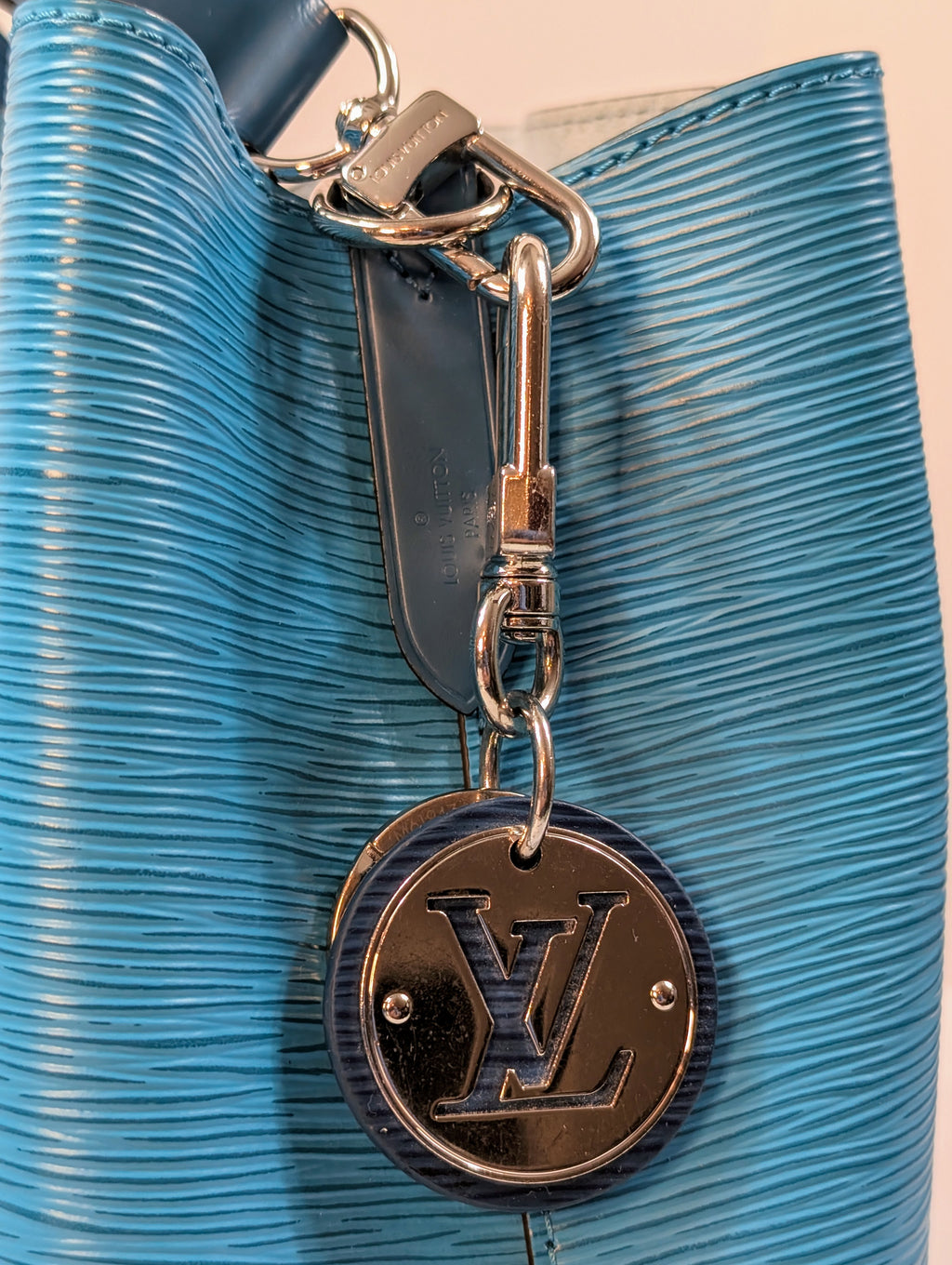 Louis Vuitton Noé BB Bag in Aqua Epi Leather with LV Strap and Charm