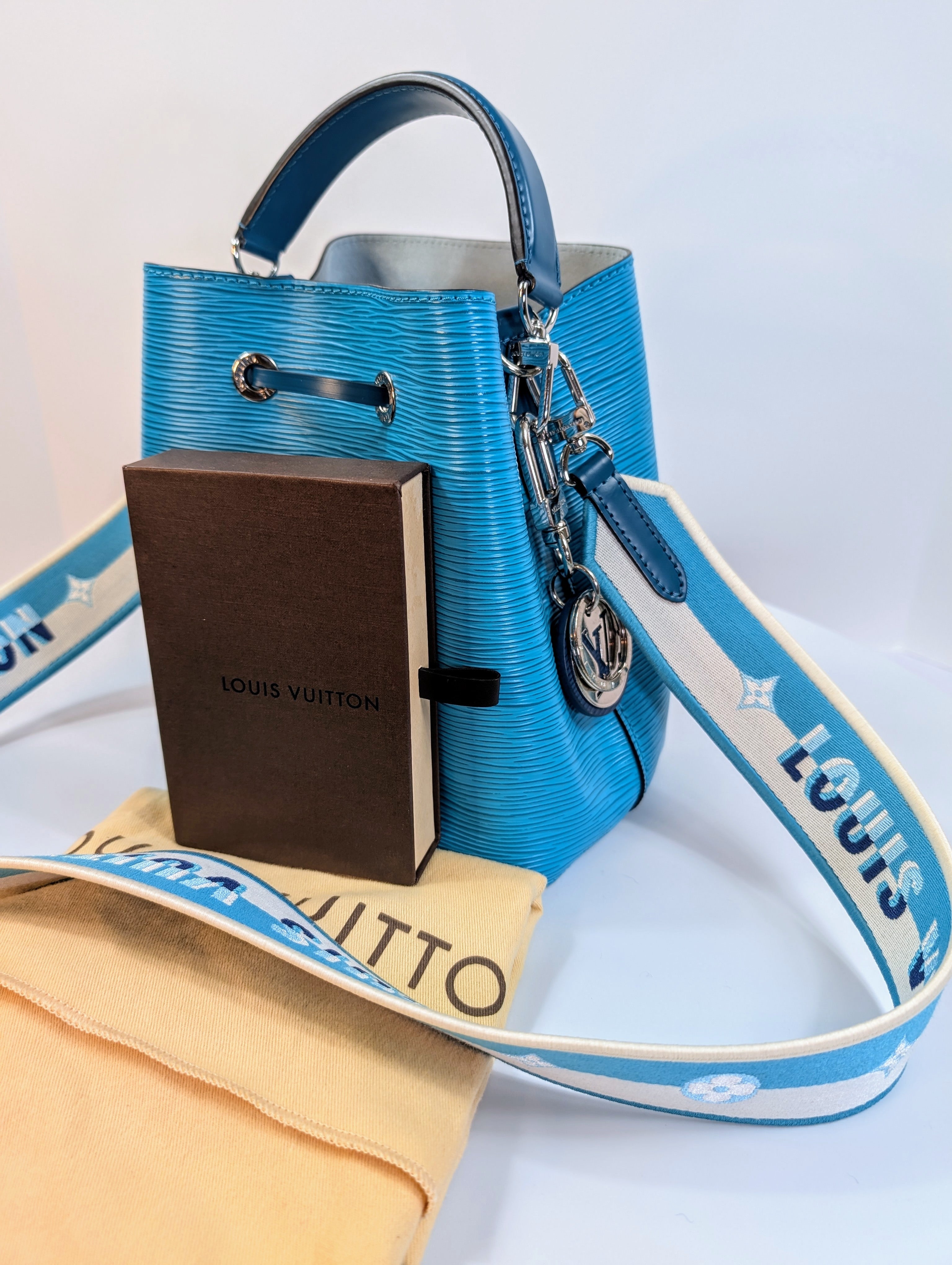Louis Vuitton Noé BB Bag in Aqua Epi Leather with LV Strap and Charm