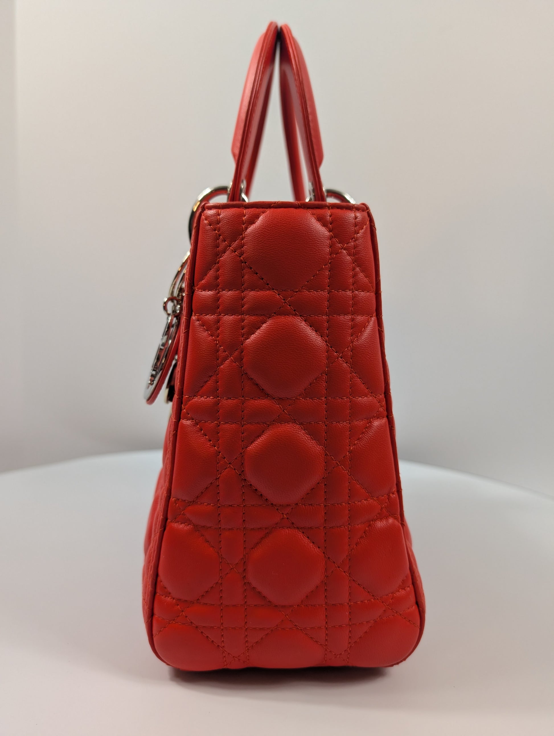 Dior Lady Dior Bright Red-Orange Quilted Lambskin and Charm