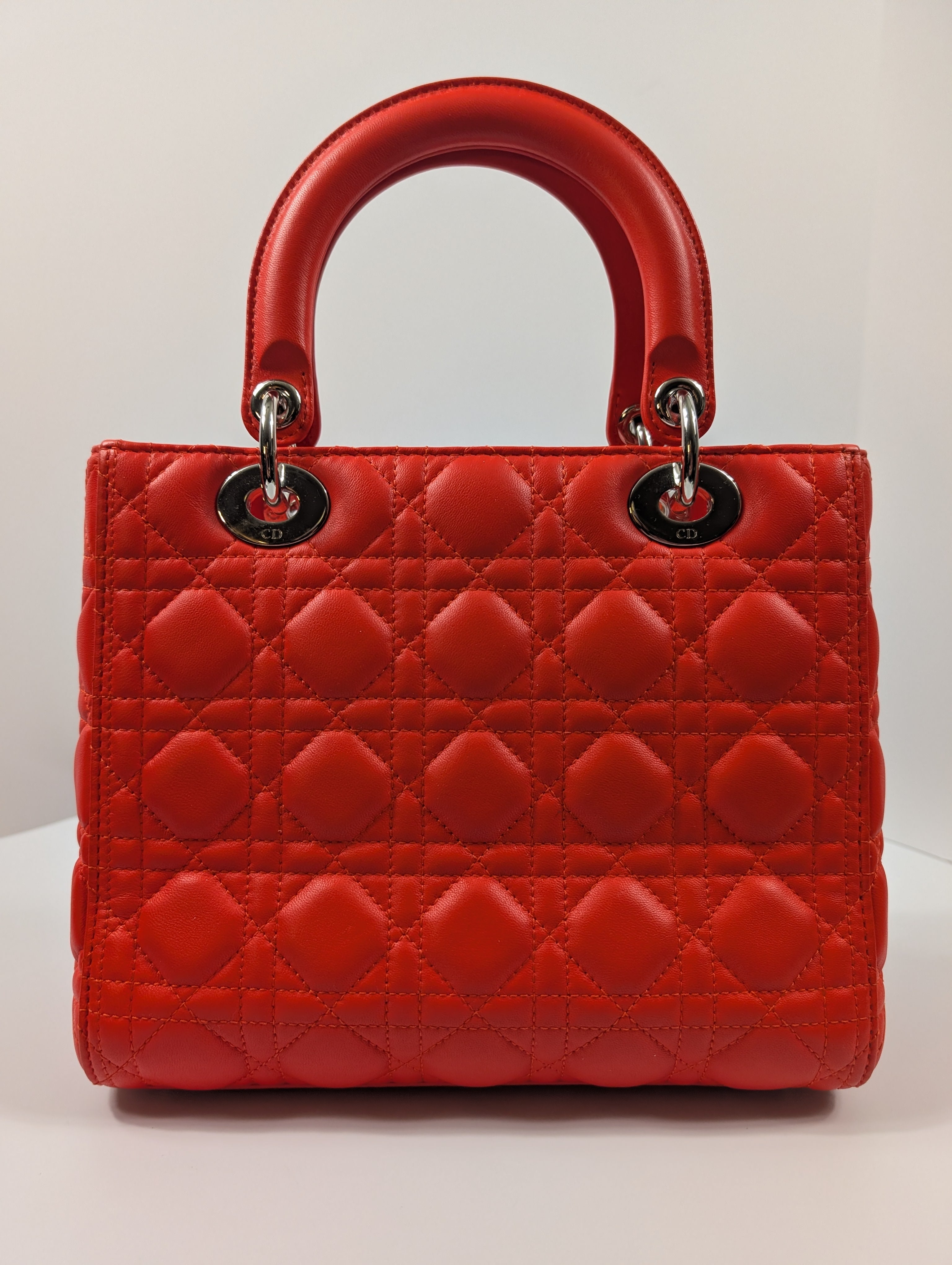 Dior Lady Dior Bright Red Orange Quilted Lambskin and Charm