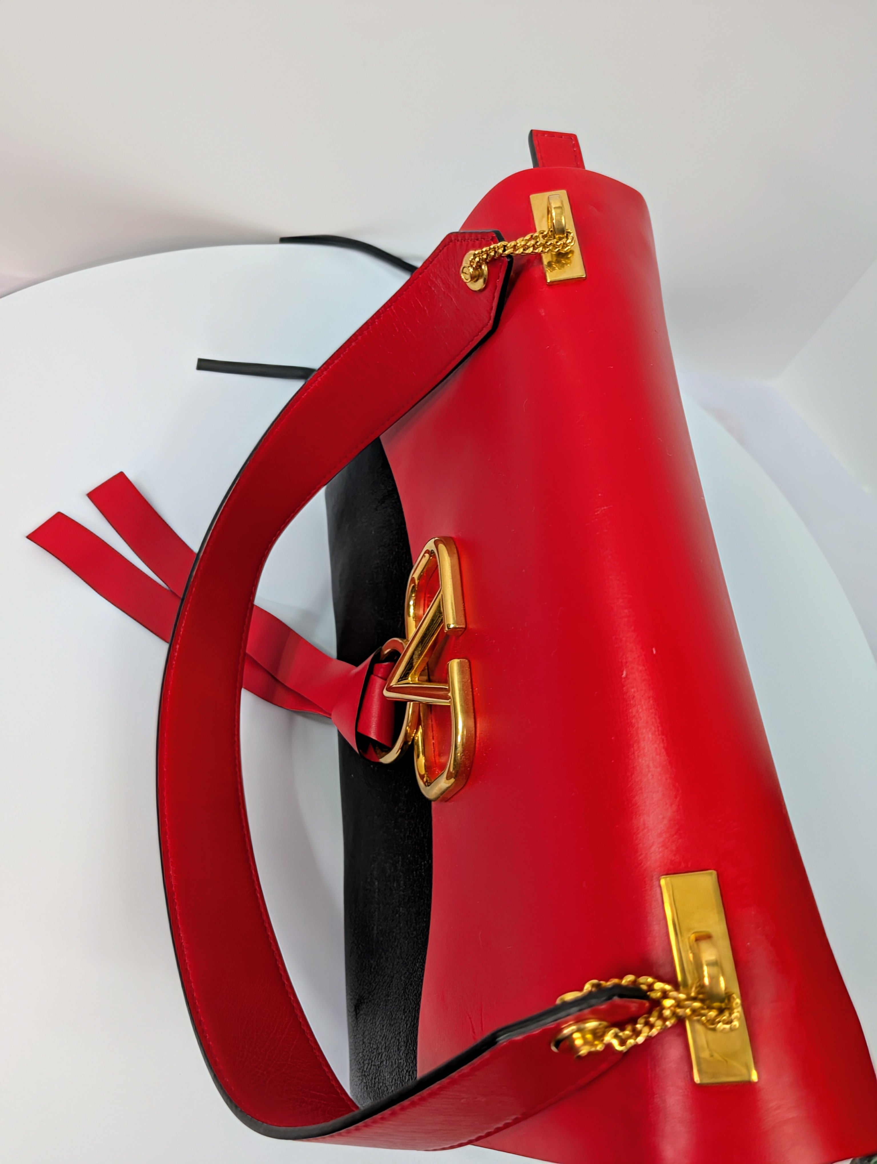 Valentino Garavani V-Ring Double-Flap Red, Black and Burgundy Leather Bag