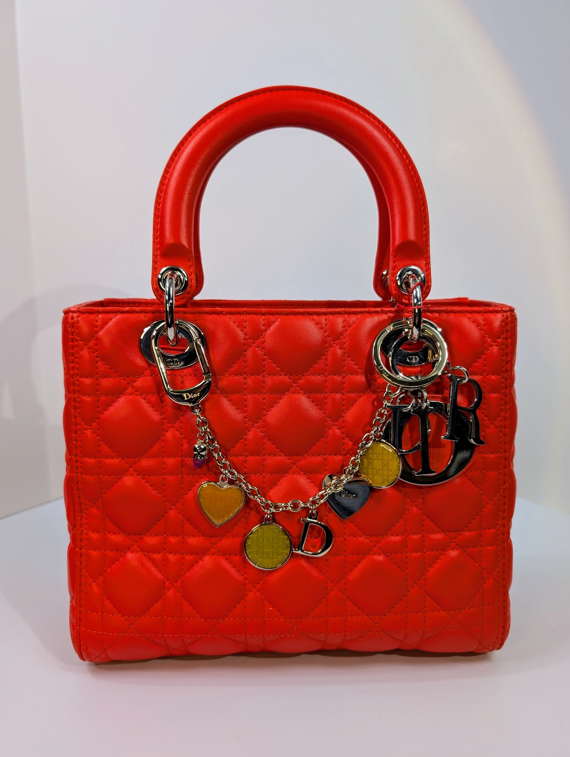 Dior Lady Dior Bright Red-Orange Quilted Lambskin and Charm
