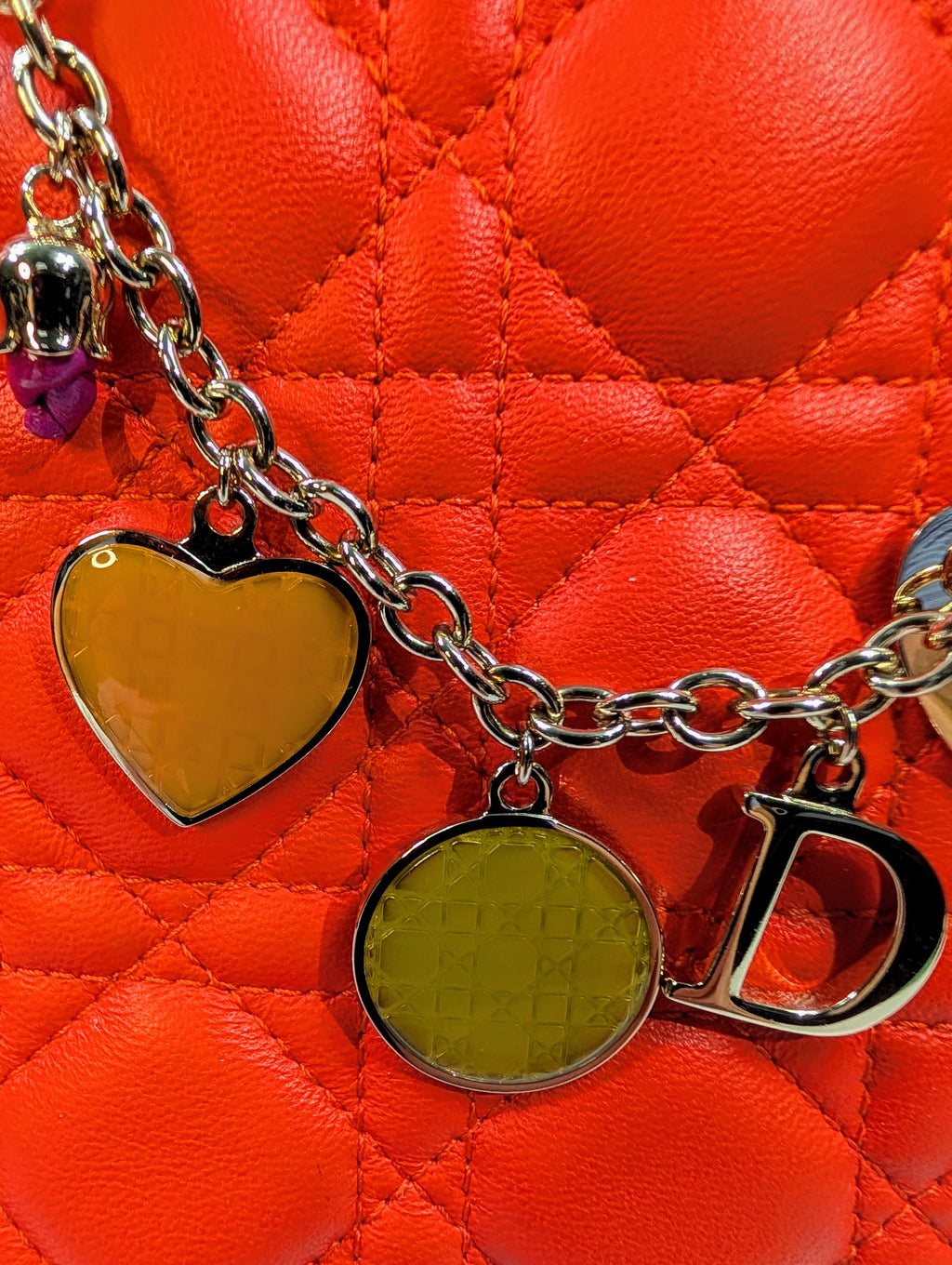 Dior Lady Dior Bright Red Orange Quilted Lambskin and Charm