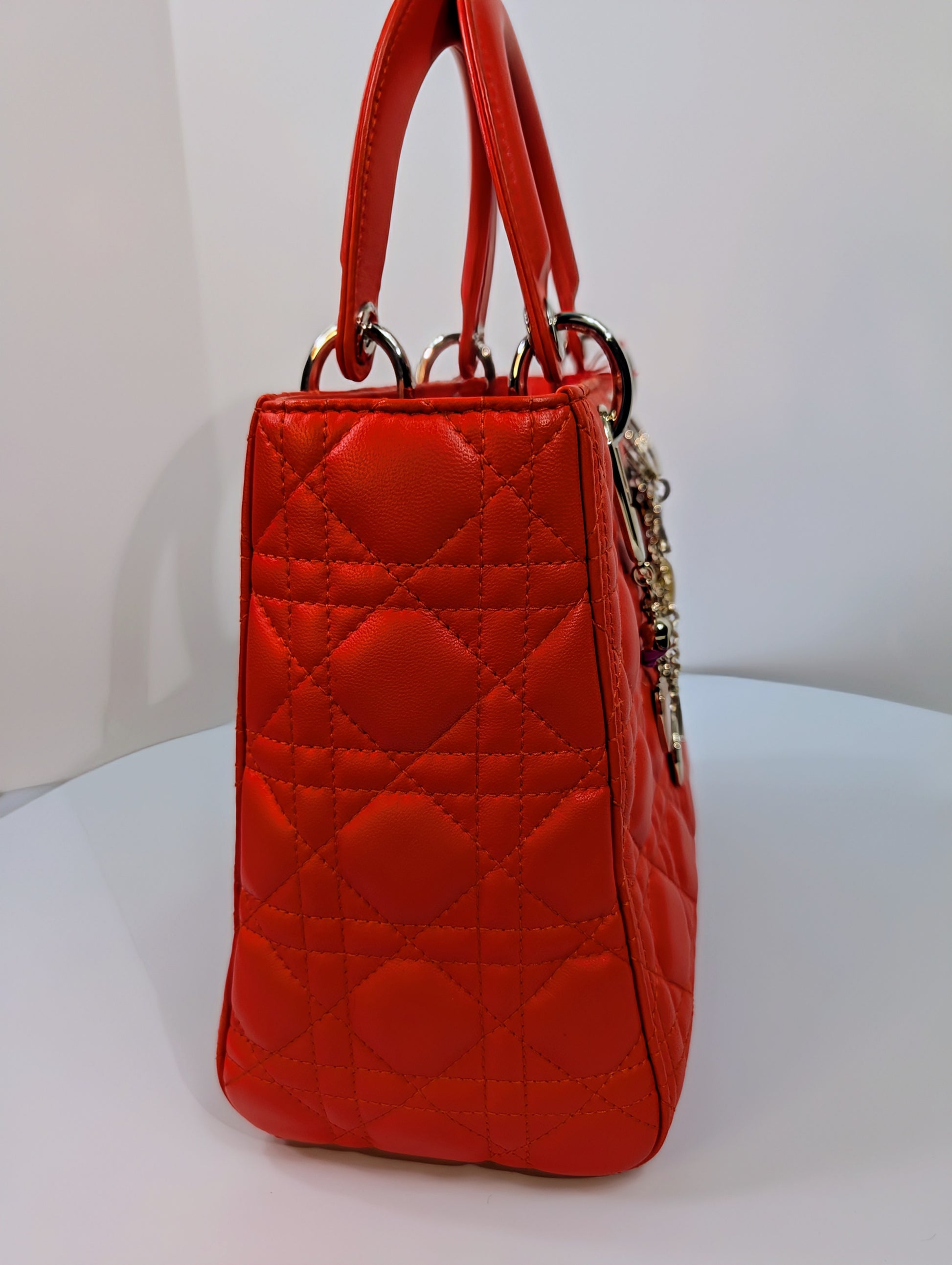 Dior Lady Dior Bright Red-Orange Quilted Lambskin and Charm