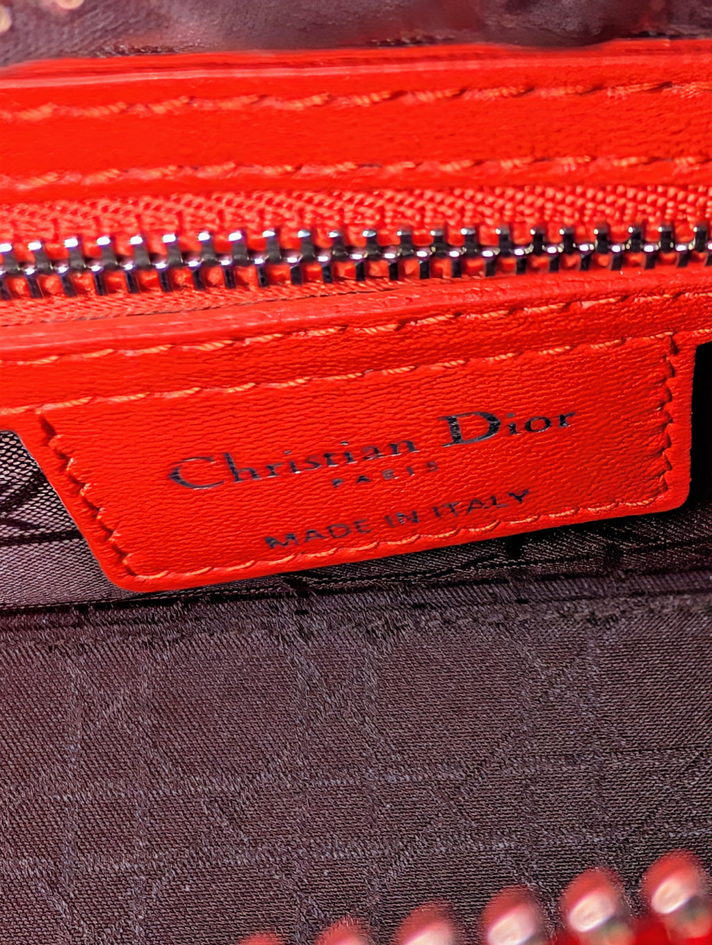 Dior Lady Dior Bright Red Orange Quilted Lambskin and Charm