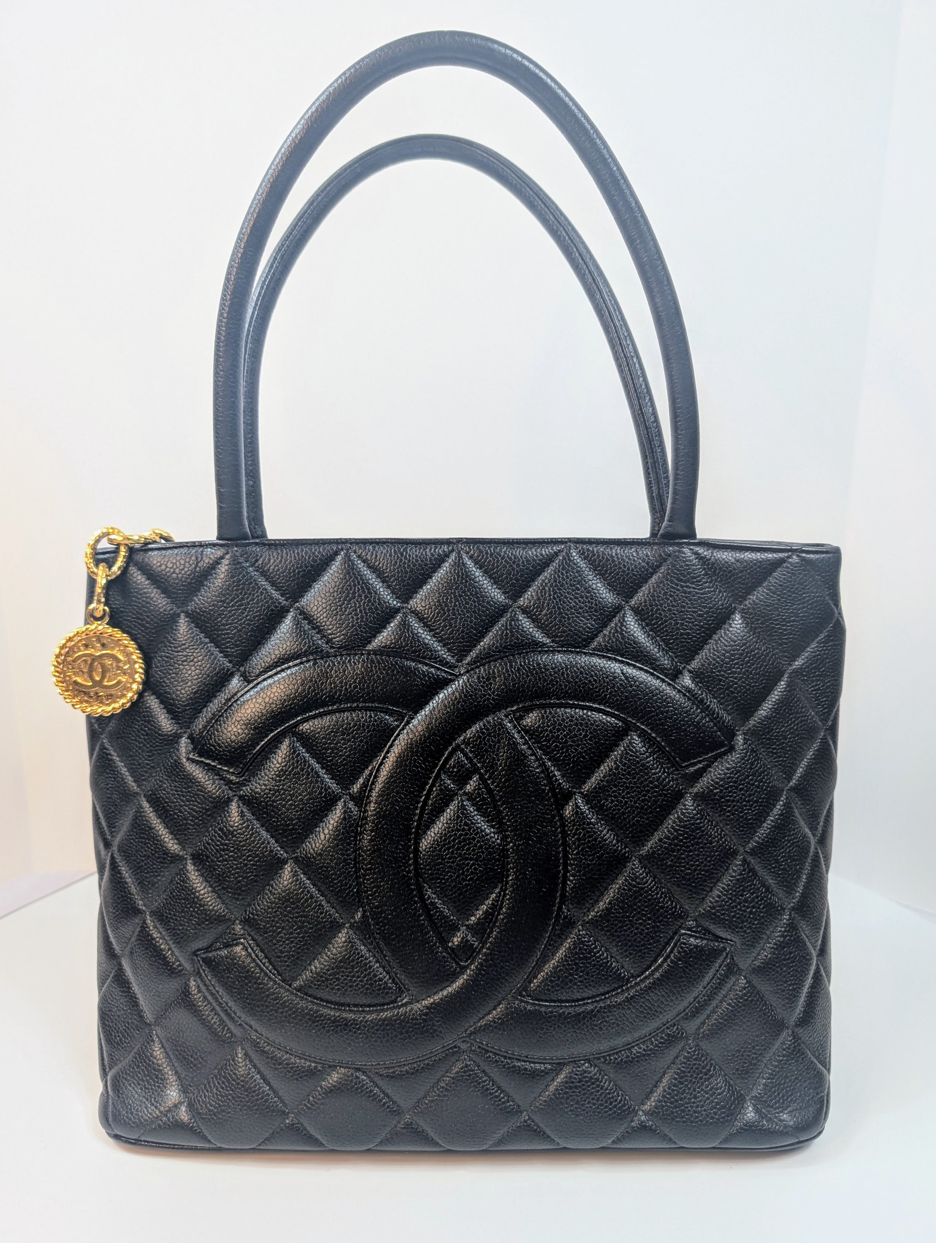 Chanel Vintage Black Quilted Caviar Medallion Tote Bag