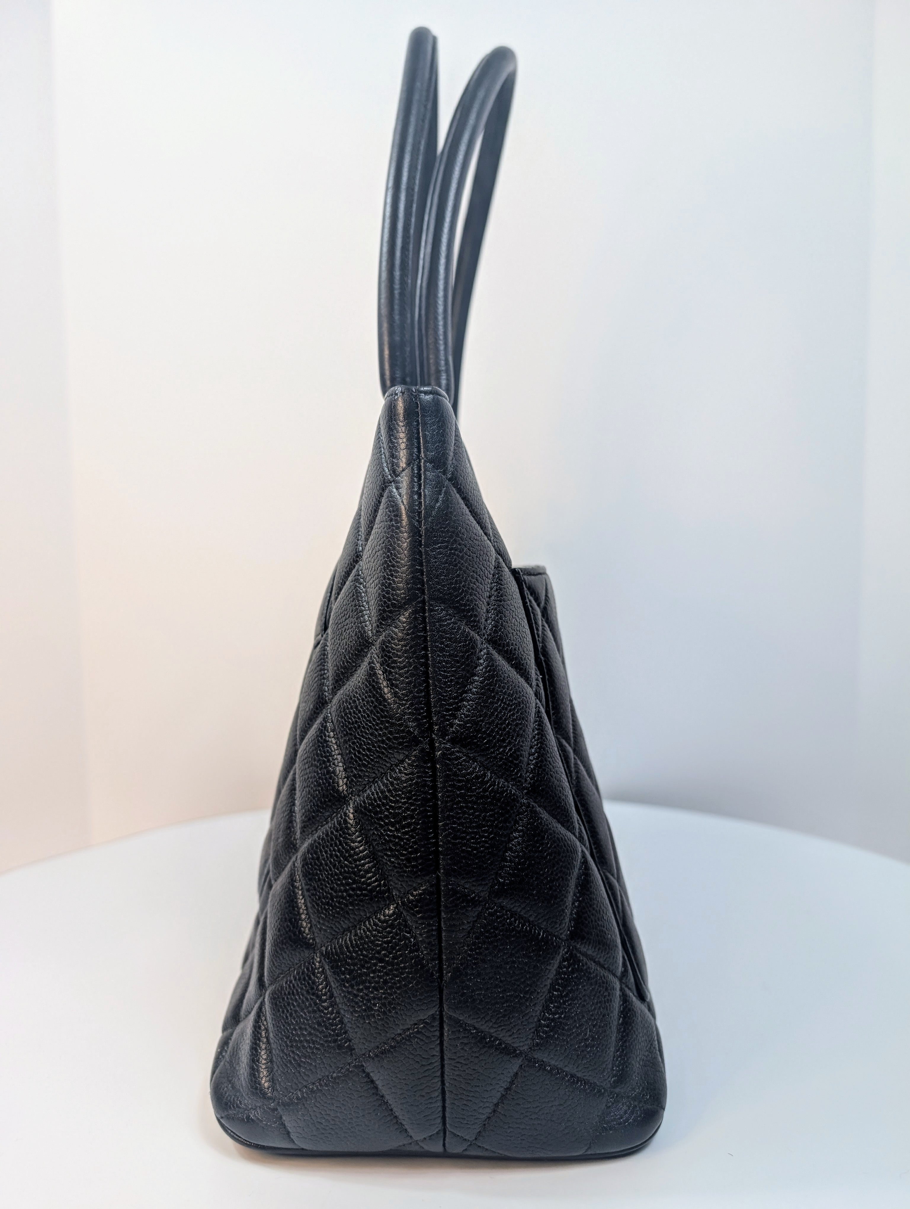 Chanel Vintage Black Quilted Caviar Medallion Tote Bag