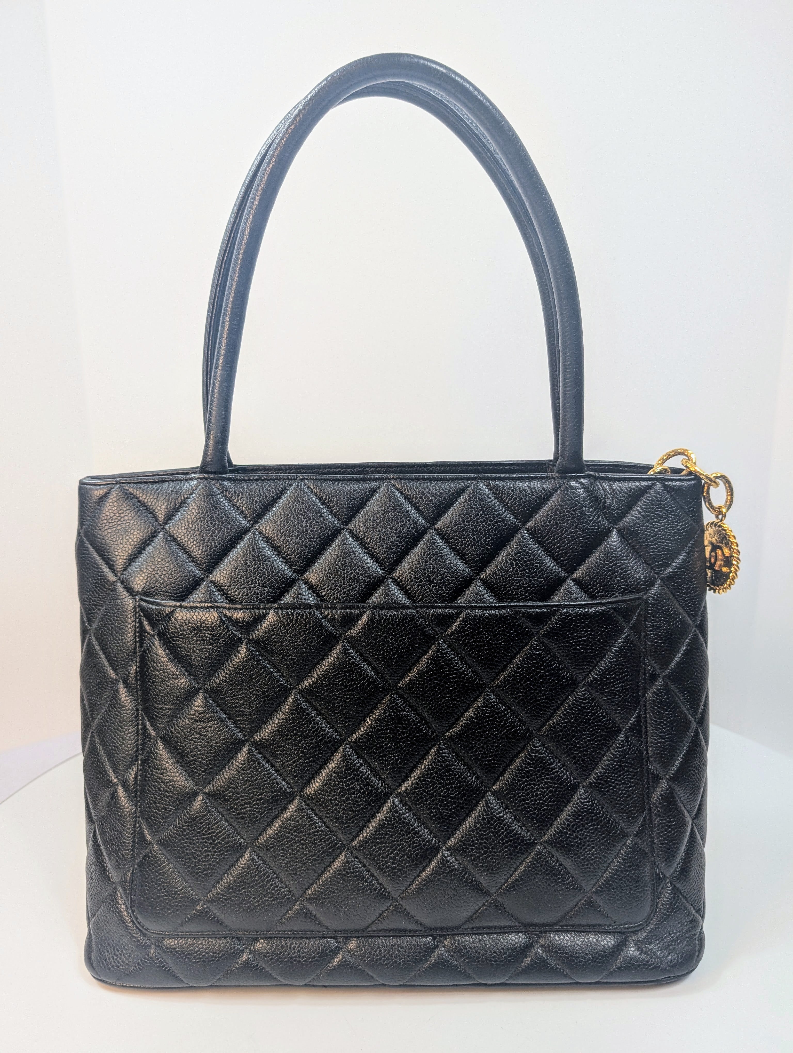 Chanel Vintage Black Quilted Caviar Medallion Tote Bag