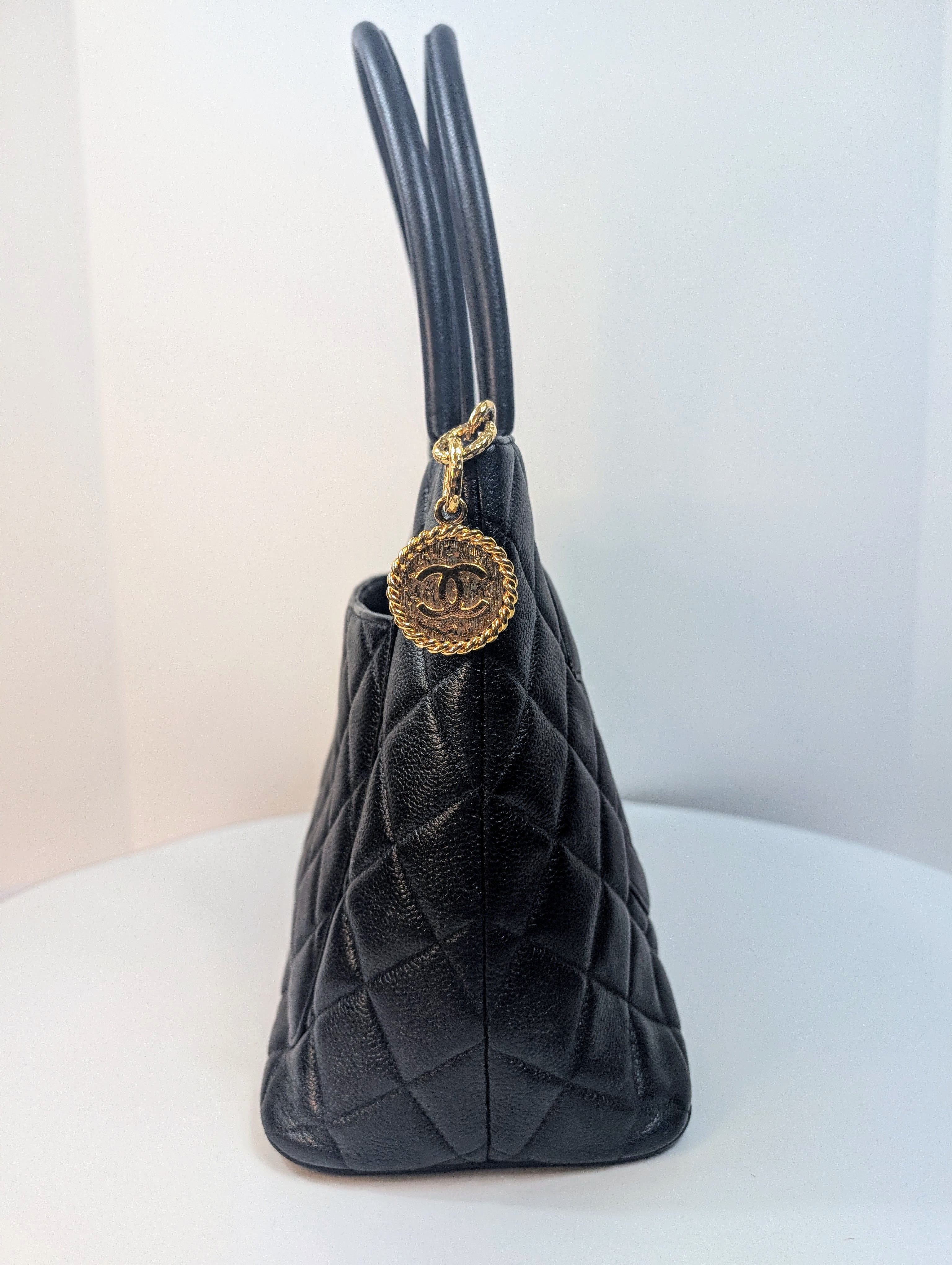 Chanel Vintage Black Quilted Caviar Medallion Tote Bag