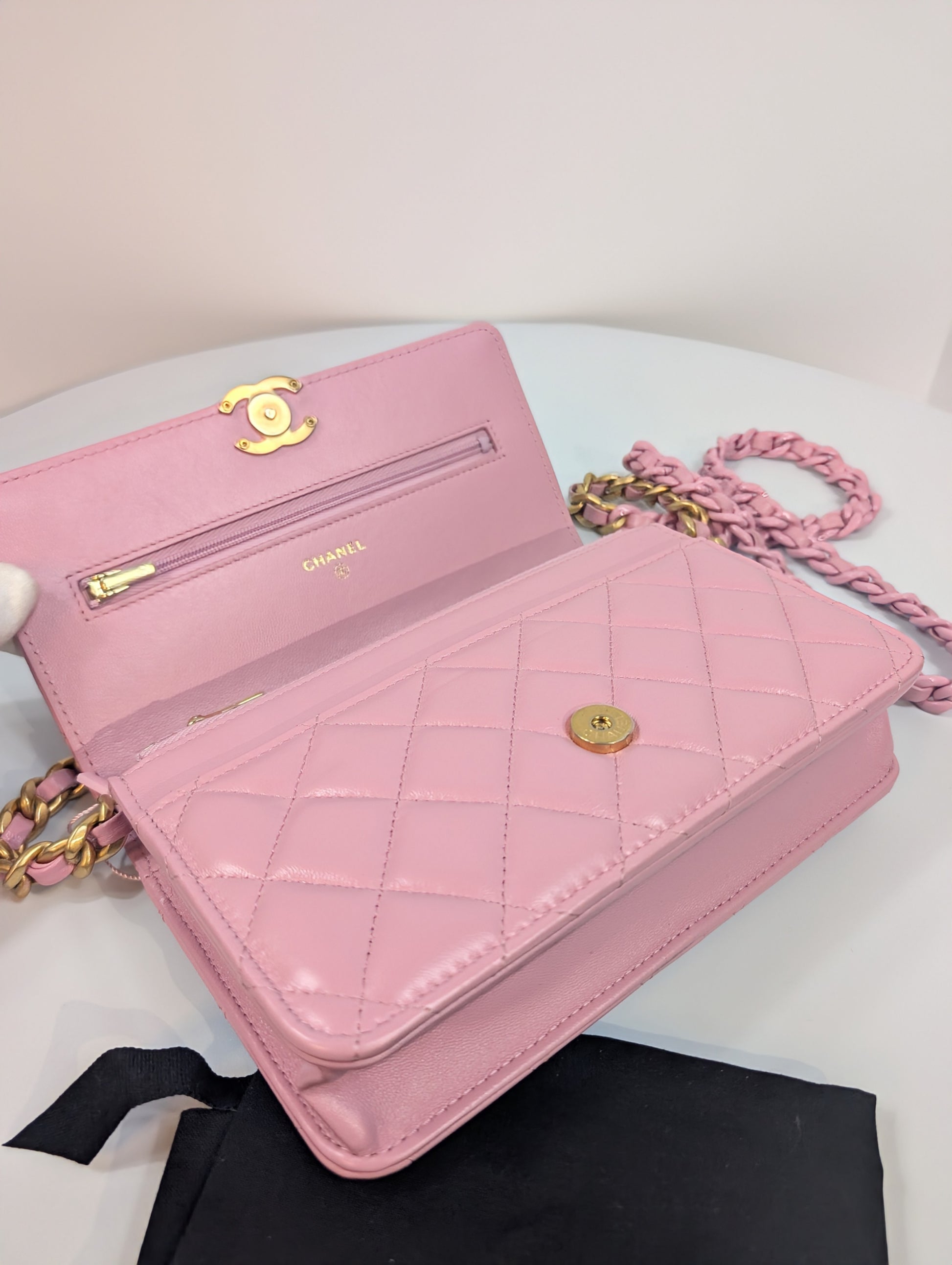 Chanel Classic Pink Wallet on Chain (WOC) Quilted Lambskin with Tonal Chain