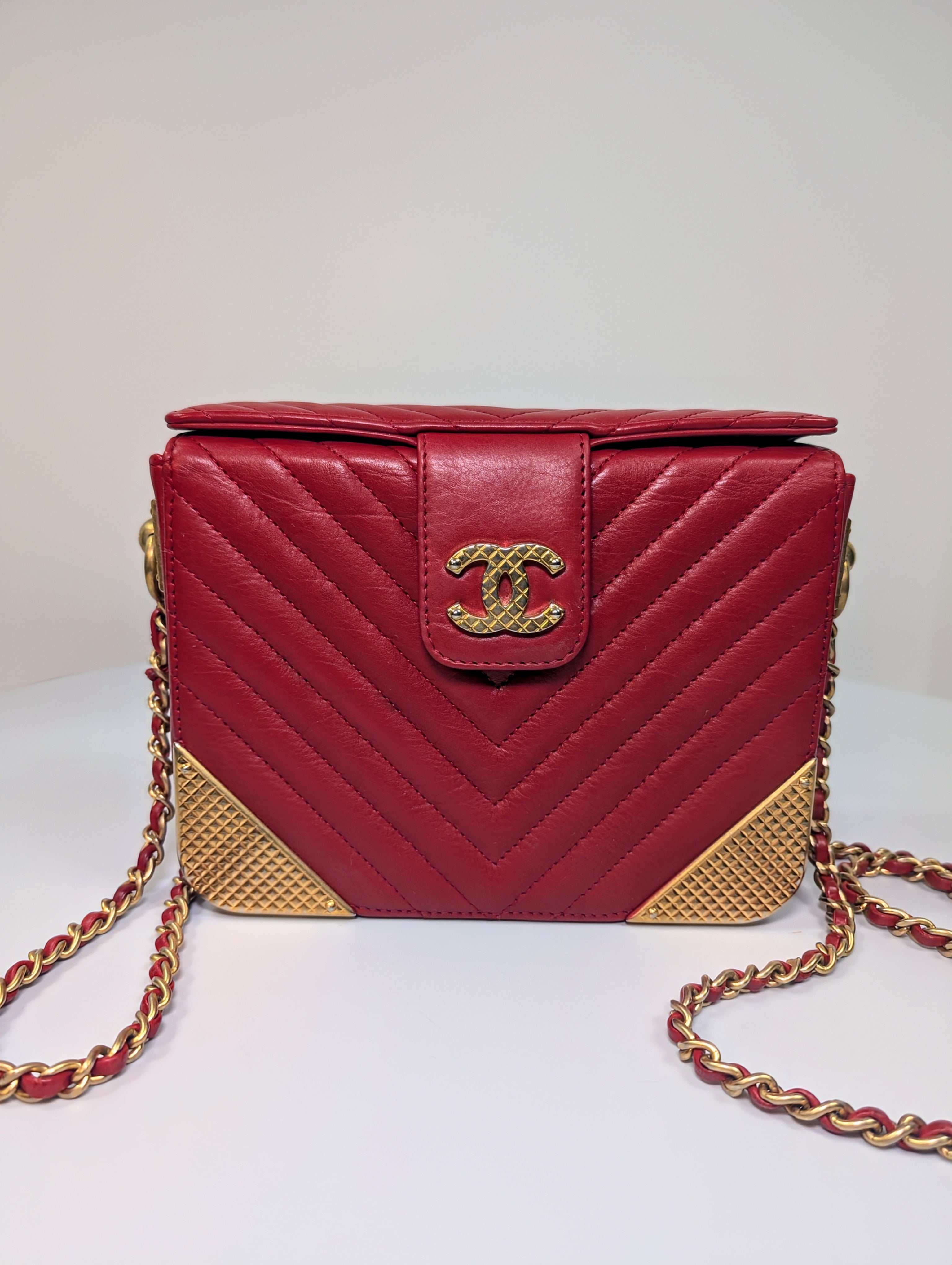 Chanel Rare Red V-Stitch Quilted Box Bag with Gold Hardware