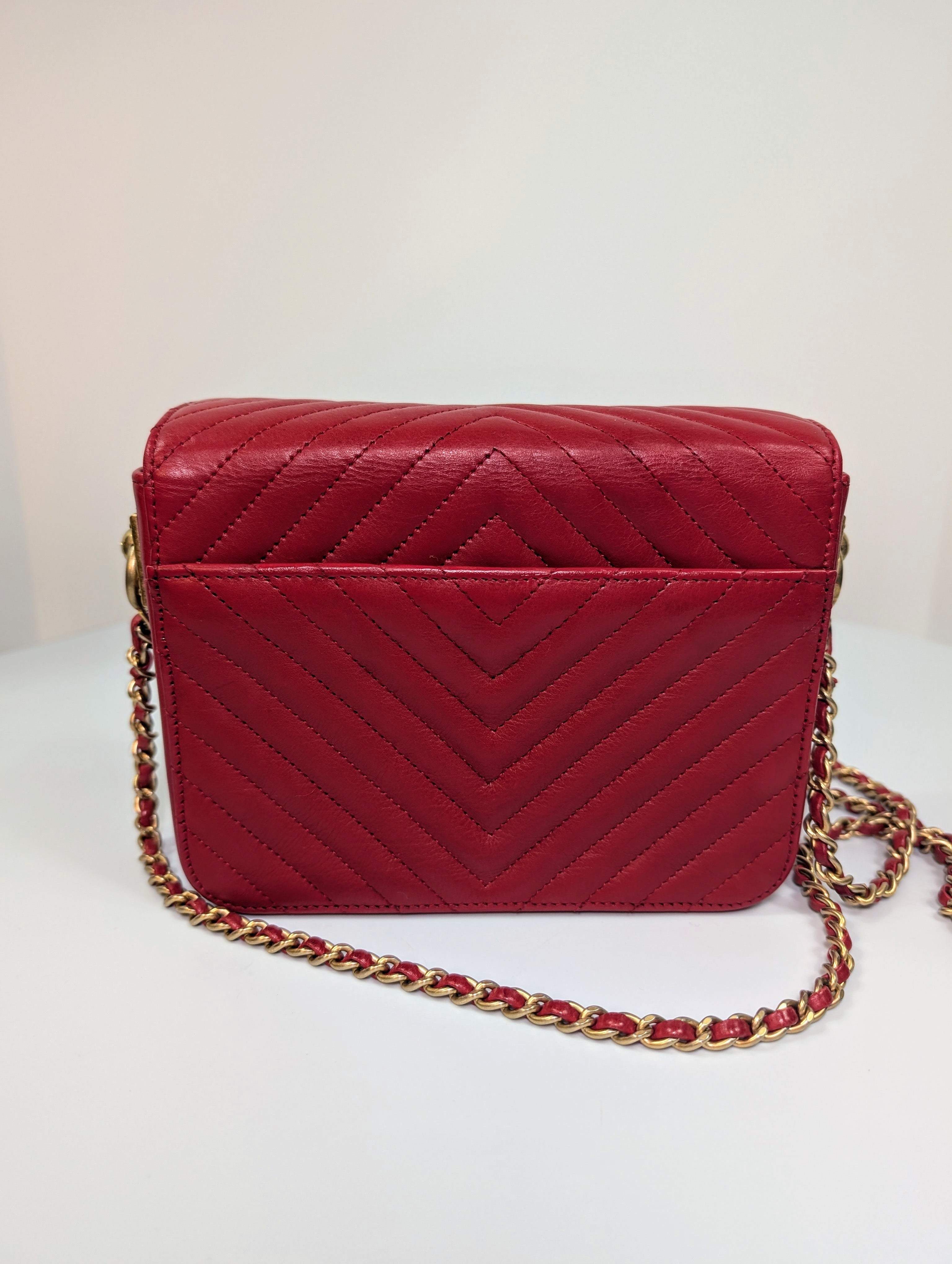 Chanel Rare Red V-Stitch Quilted Box Bag with Gold Hardware