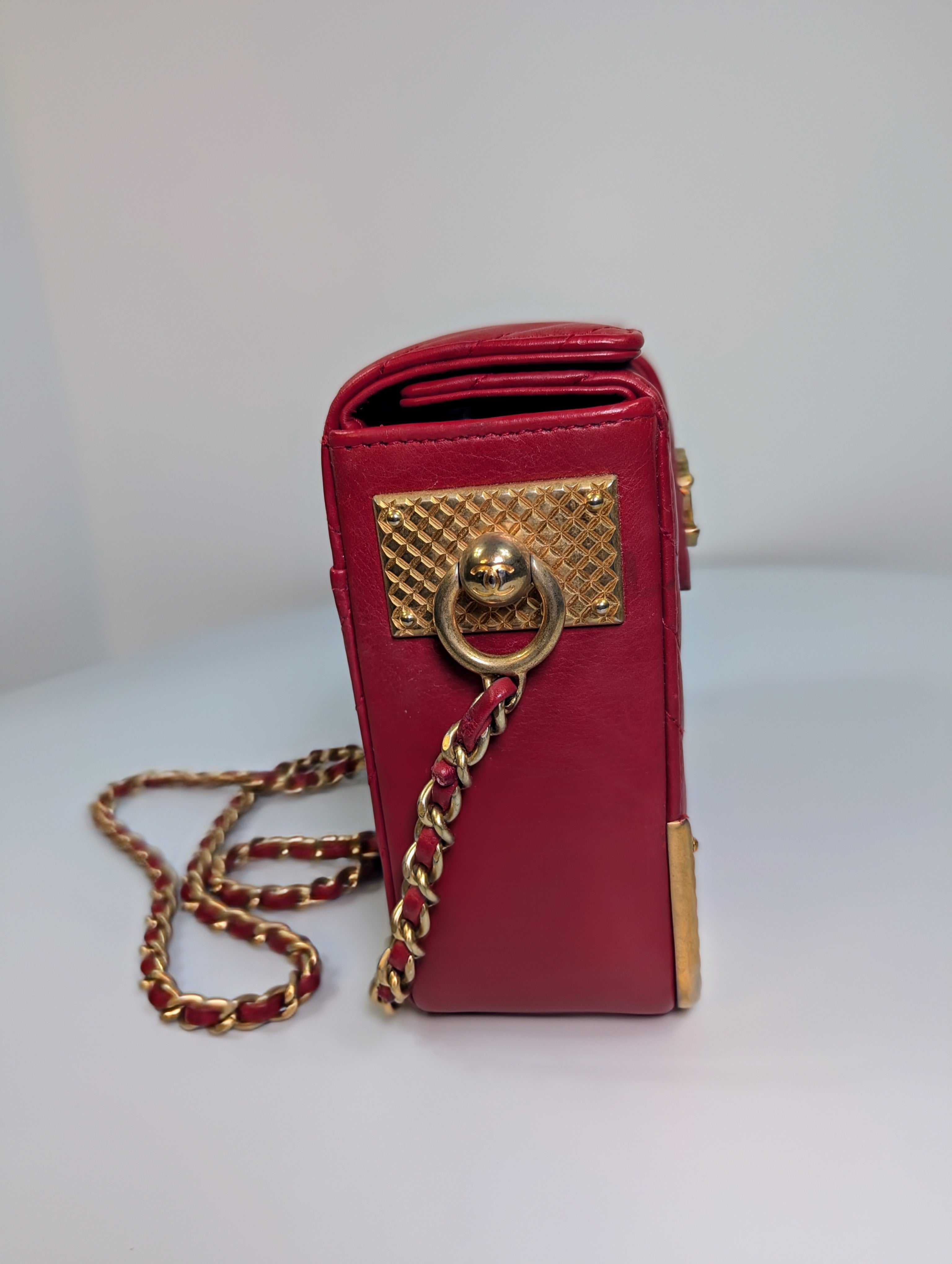 Chanel Rare Red V-Stitch Quilted Box Bag with Gold Hardware
