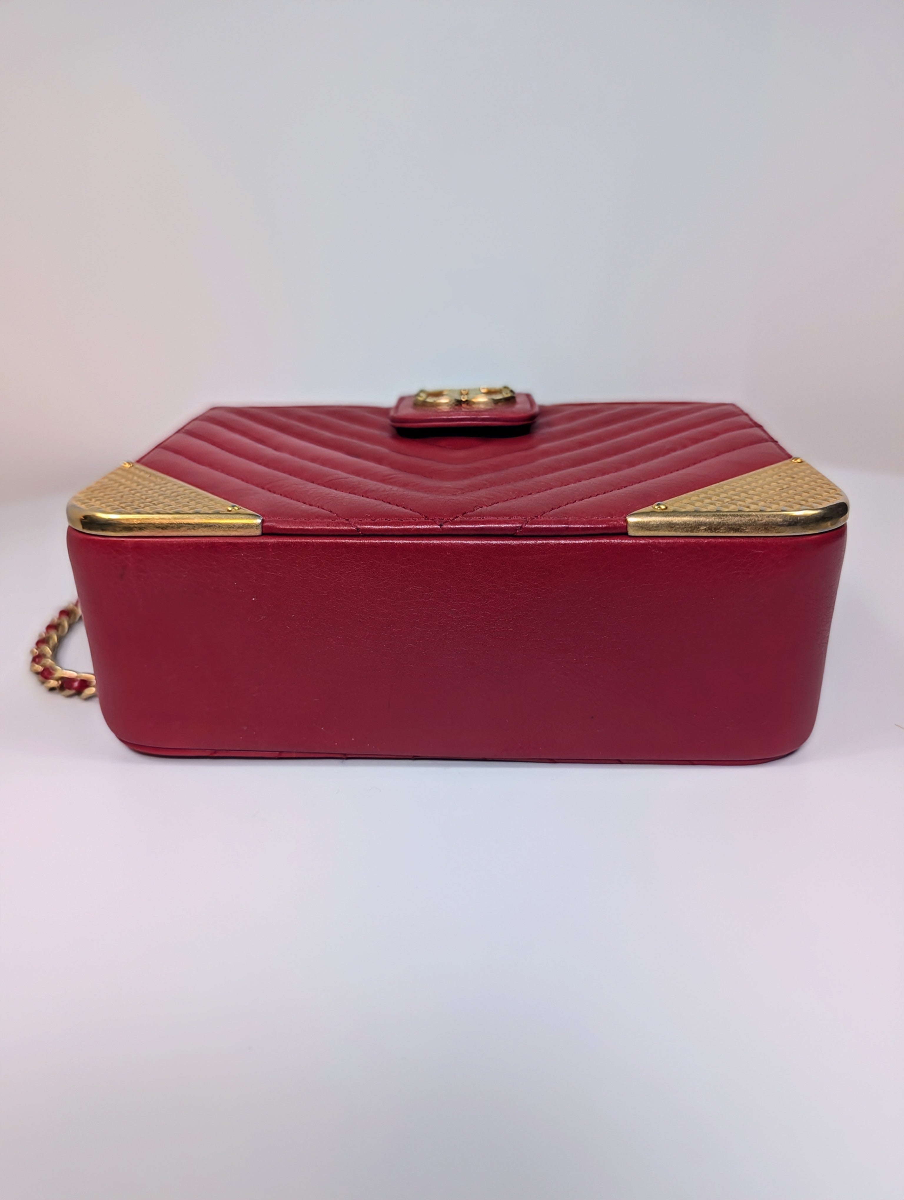 Chanel Rare Red V-Stitch Quilted Box Bag with Gold Hardware