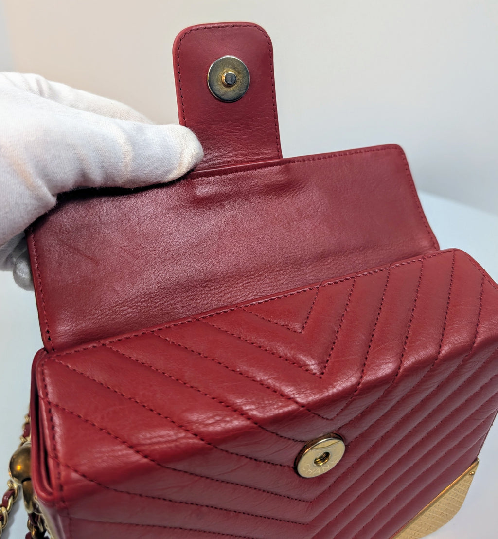 Chanel Rare Red V-Stitch Quilted Box Bag with Gold Hardware