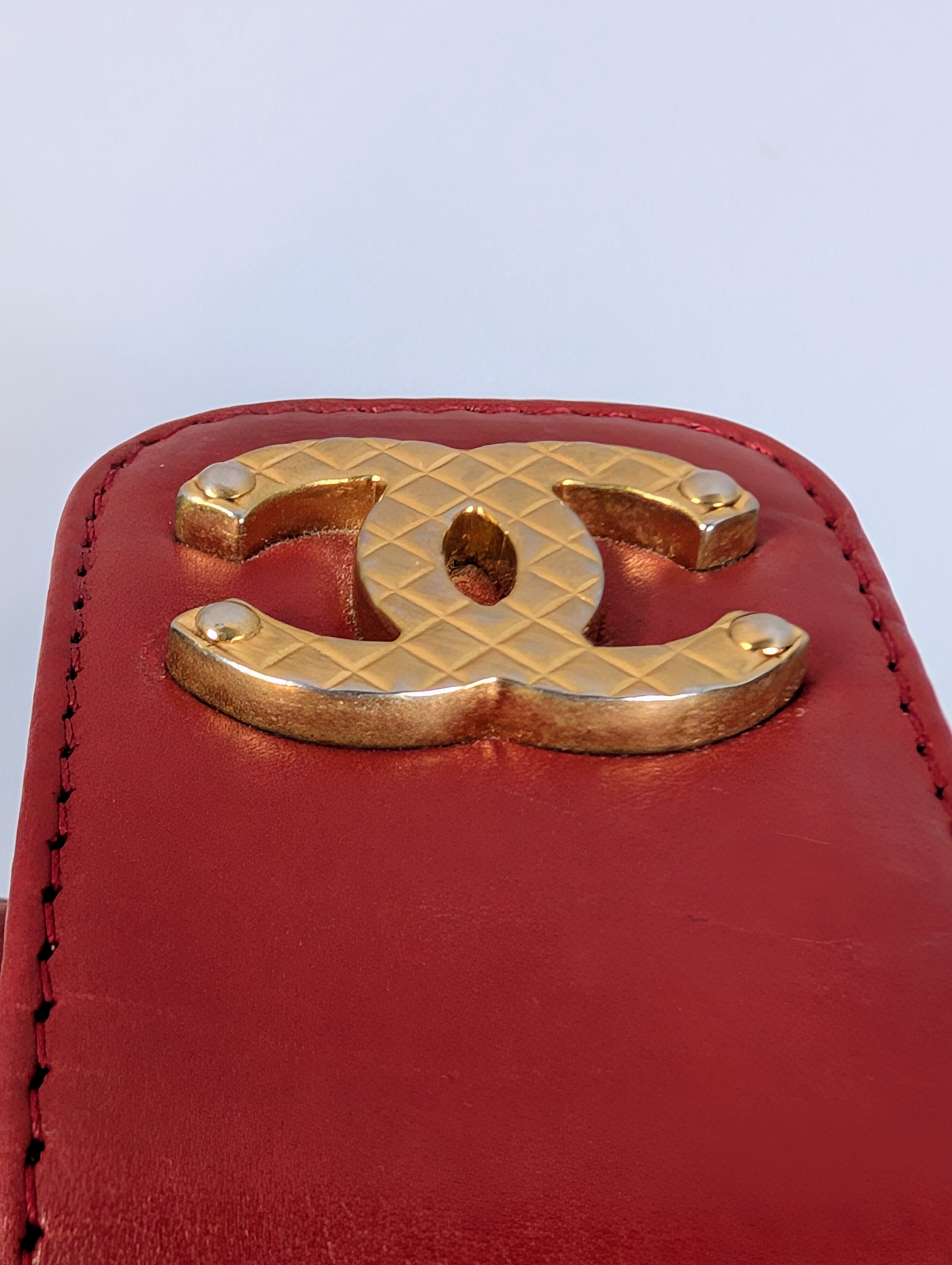 Chanel Rare Red V-Stitch Quilted Box Bag with Gold Hardware