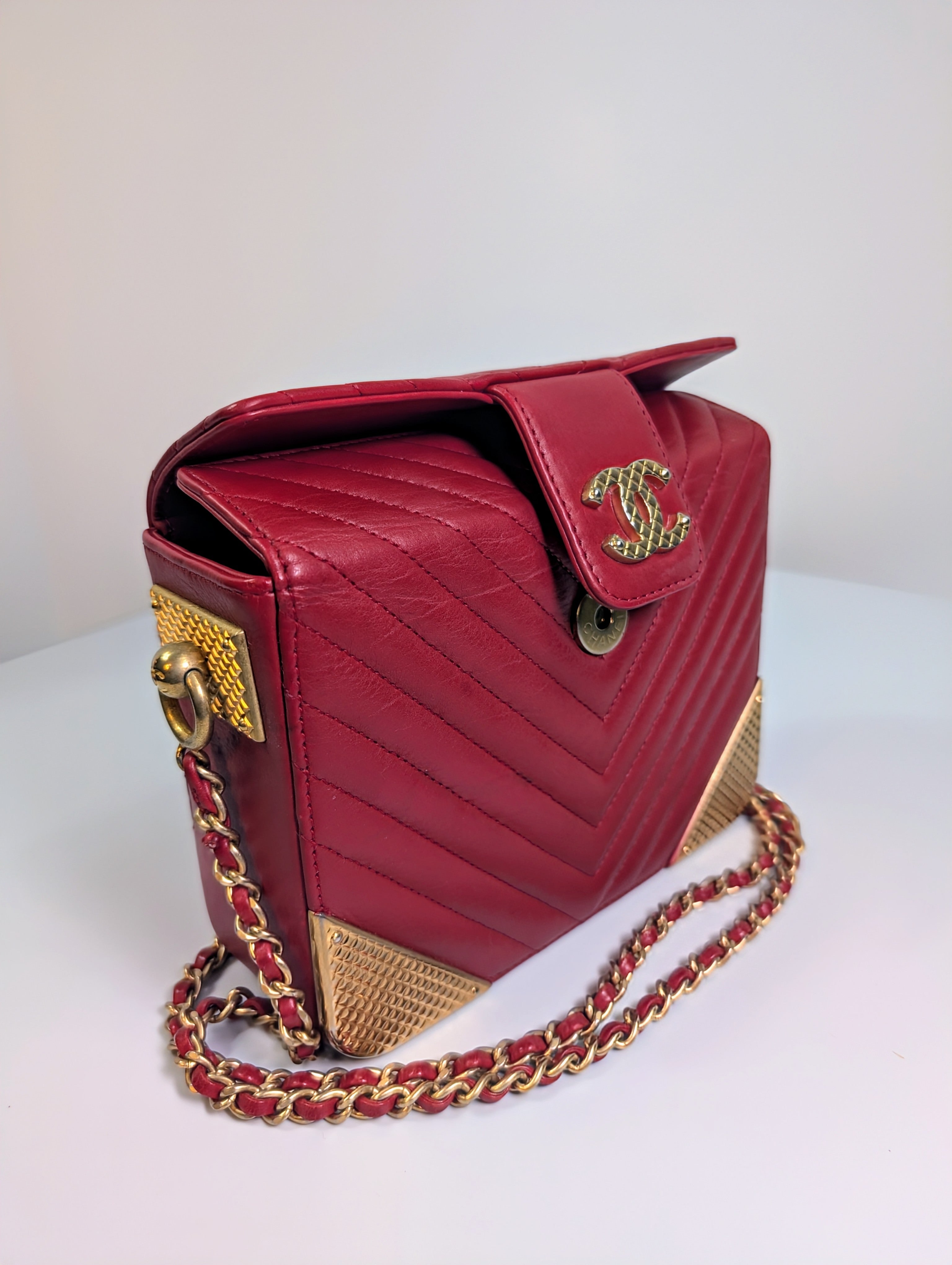 Chanel Rare Red V-Stitch Quilted Box Bag with Gold Hardware
