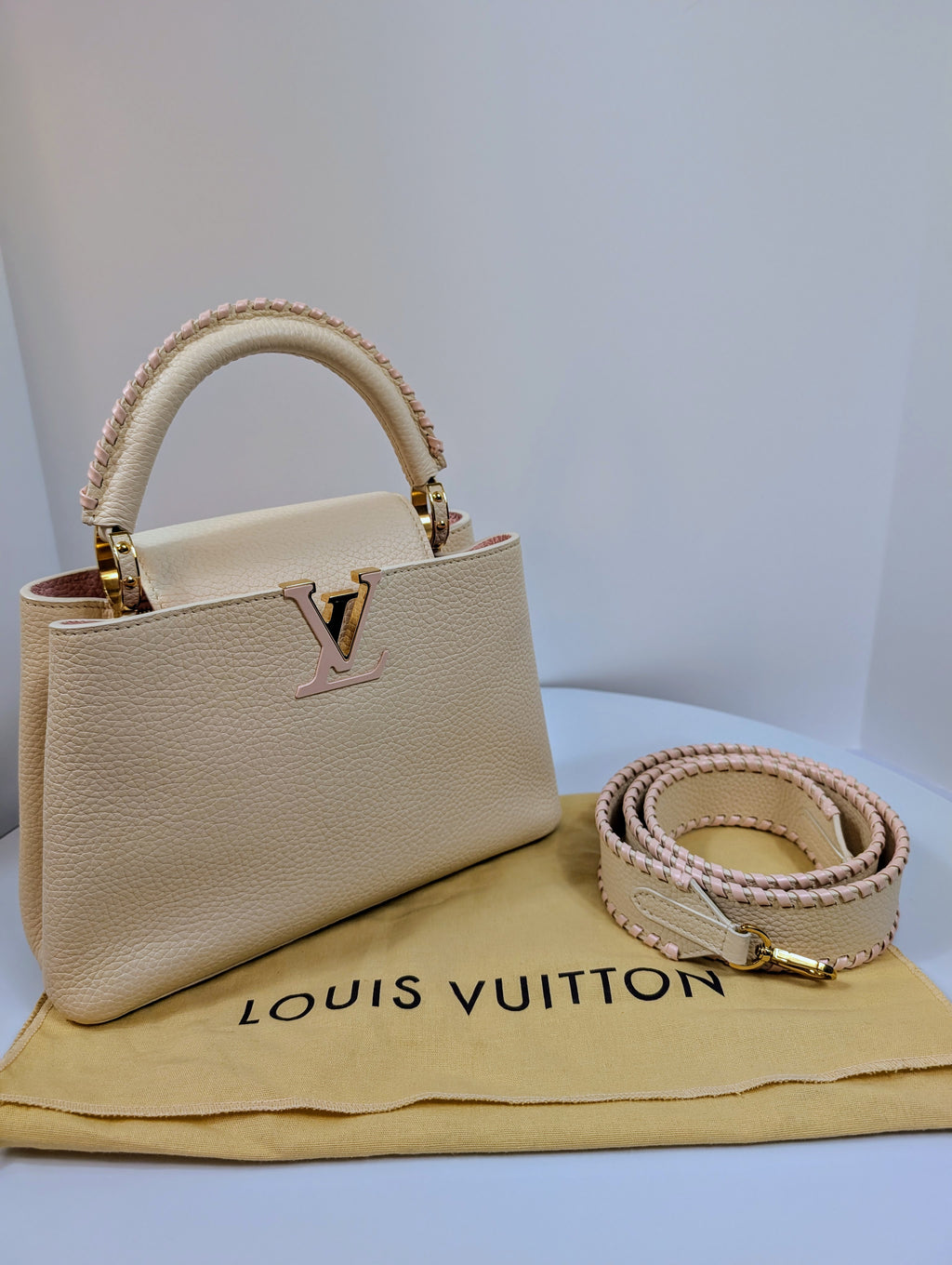 Louis Vuitton Rare Pink and Cream Capucines BB in Grained Taurillon Leather