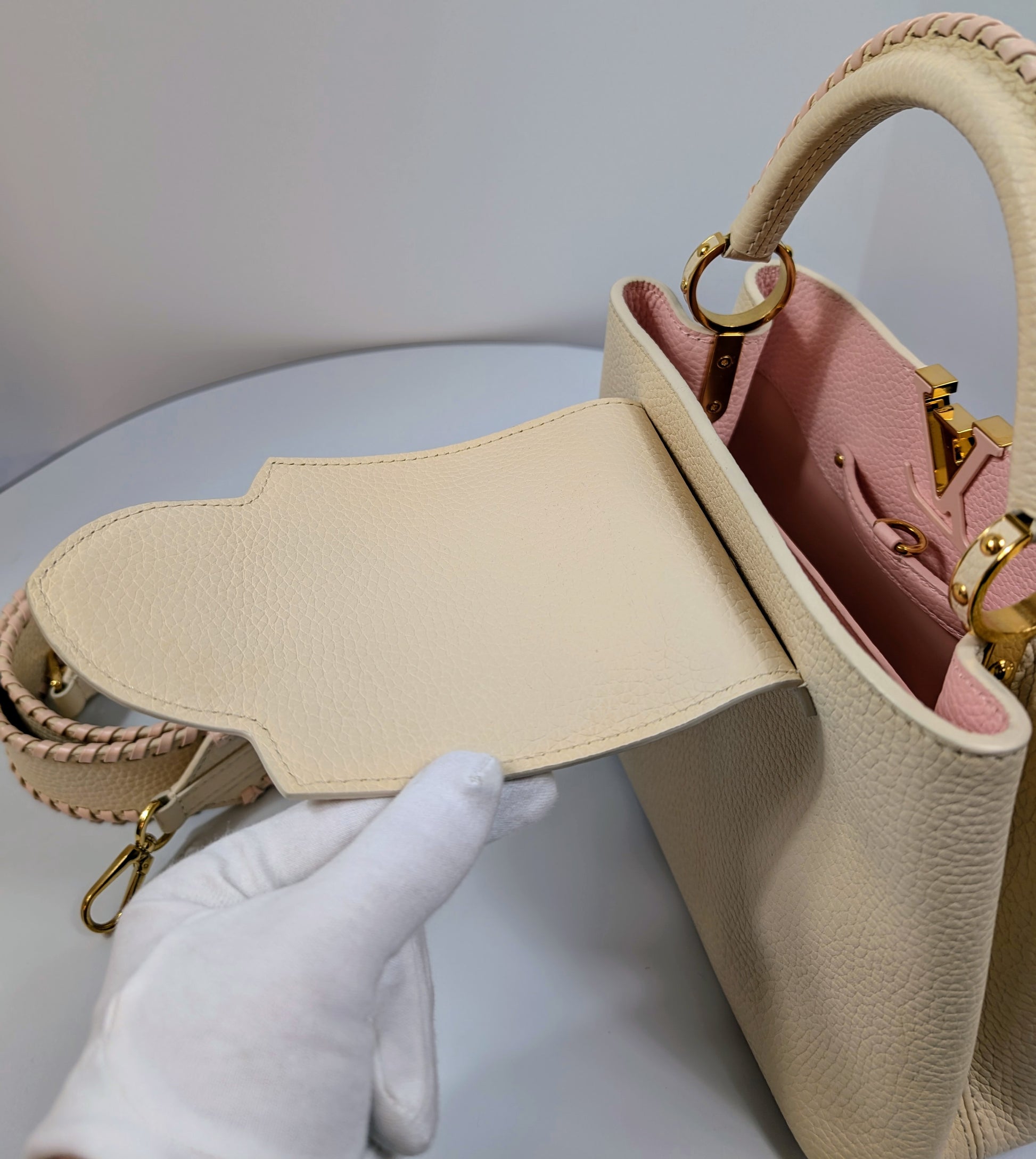 Louis Vuitton Rare Pink and Cream Capucines BB in Grained Taurillon Leather