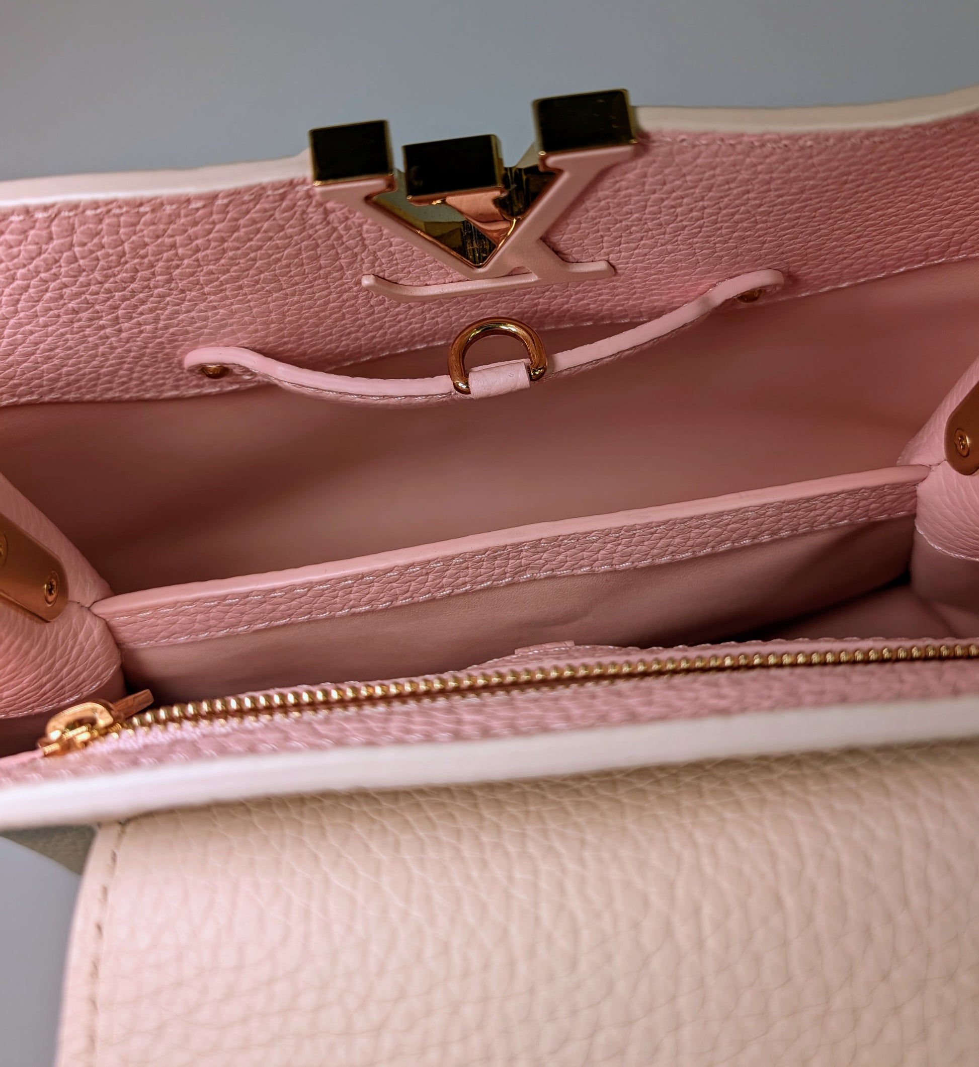 Louis Vuitton Rare Pink and Cream Capucines BB in Grained Taurillon Leather